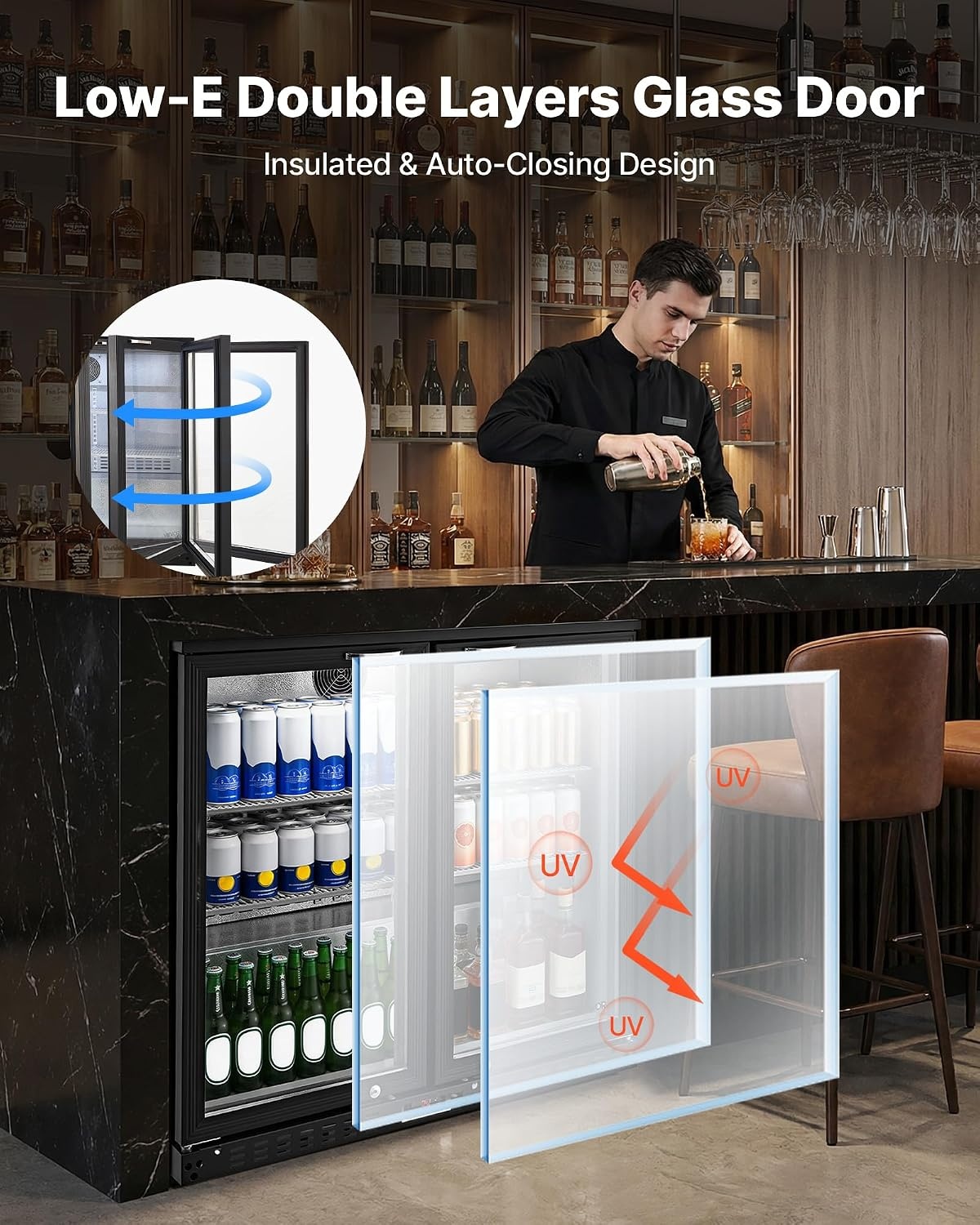 image:imageVEVOR Back Bar Cooler 74 Cu Ft Commercial Beverage Refrigerator Under Counter Bar Fridge with 2 Glass Doors LED Lighting Shelves LowE Glass Display Cooler for Beer Soda Wine Drinks35 x 20 x 33 in