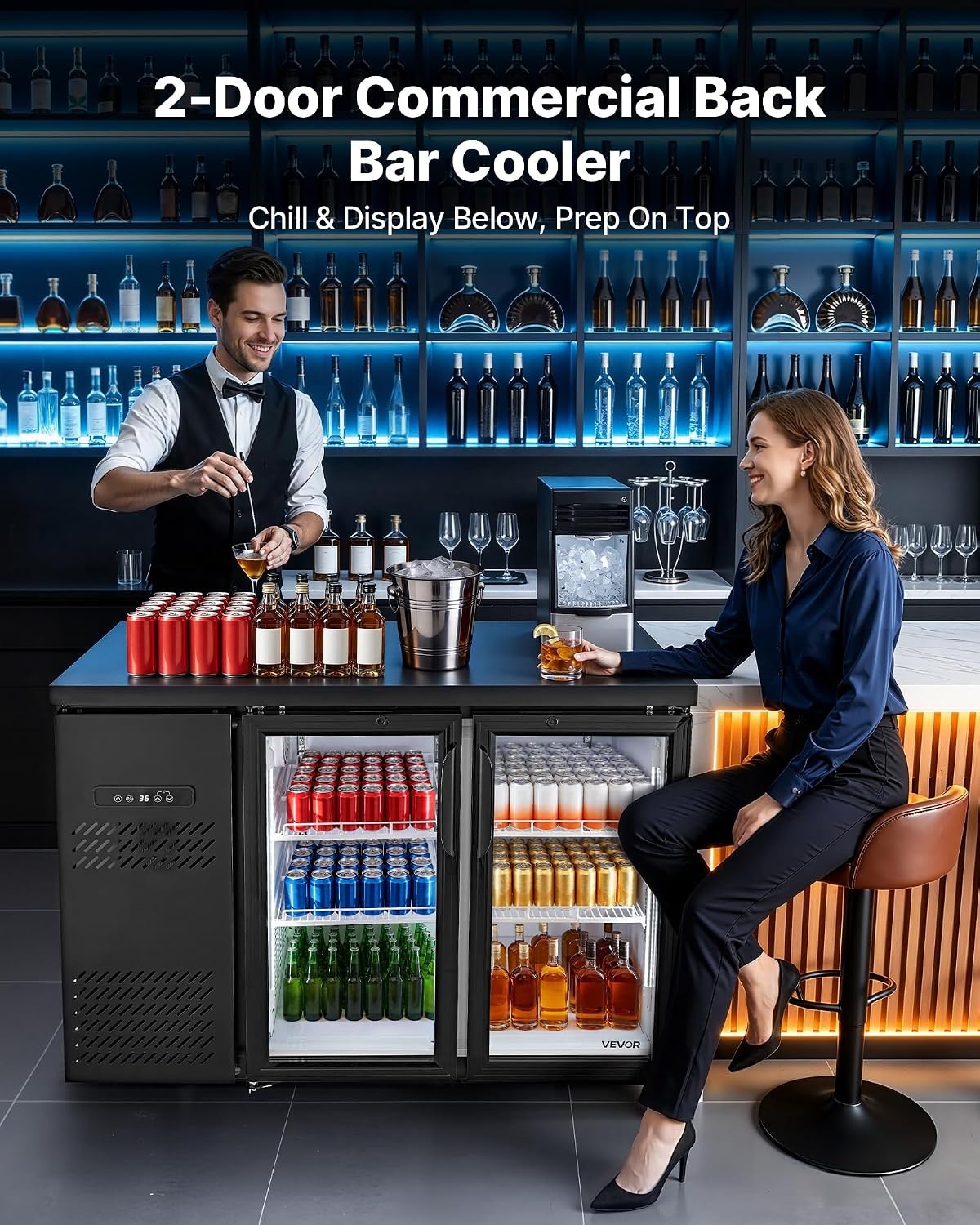image:imageVEVOR Back Bar Cooler 74 Cu Ft Commercial Beverage Refrigerator Under Counter Bar Fridge with 2 Glass Doors LED Lighting Shelves LowE Glass Display Cooler for Beer Soda Wine Drinks47 x 25 x 37 in