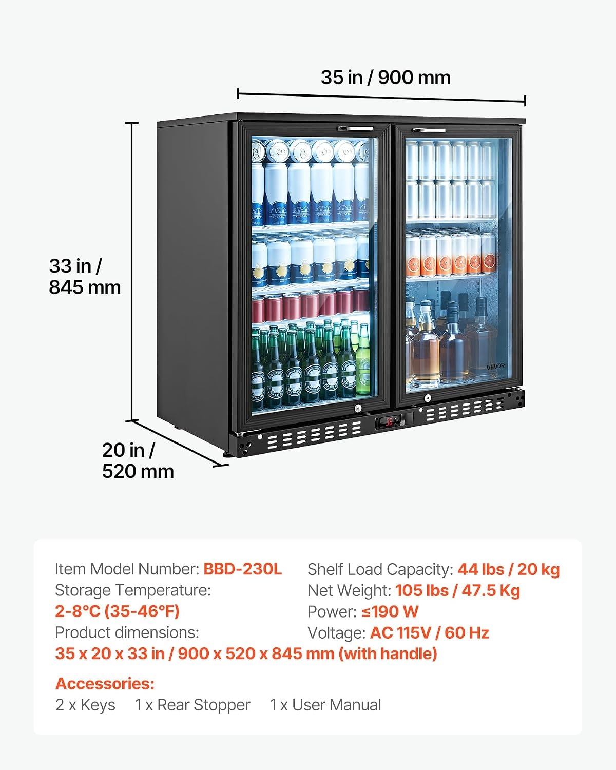 image:imageVEVOR Back Bar Cooler 74 Cu Ft Commercial Beverage Refrigerator Under Counter Bar Fridge with 2 Glass Doors LED Lighting Shelves LowE Glass Display Cooler for Beer Soda Wine Drinks35 x 20 x 33 in