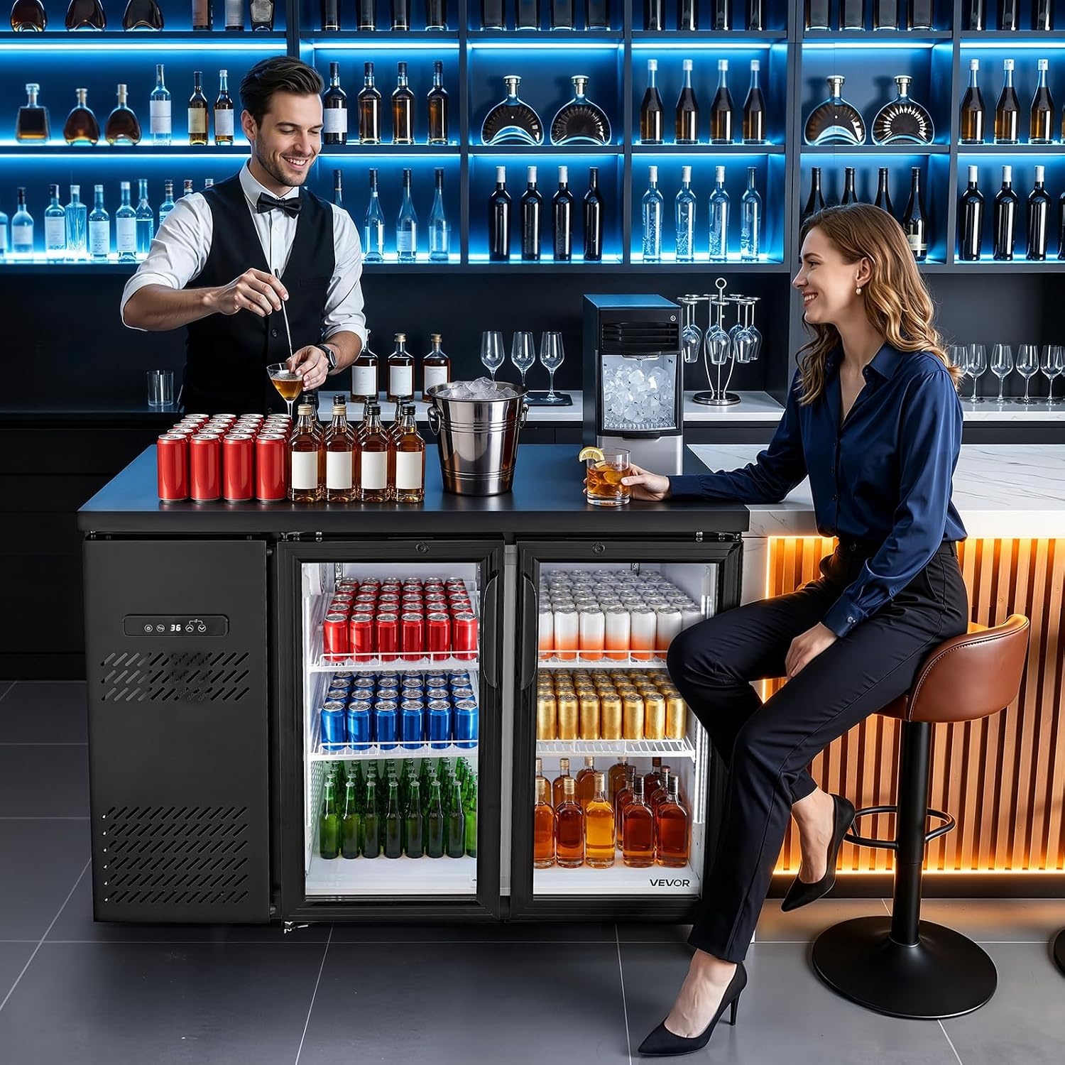 image:imageVEVOR Back Bar Cooler 74 Cu Ft Commercial Beverage Refrigerator Under Counter Bar Fridge with 2 Glass Doors LED Lighting Shelves LowE Glass Display Cooler for Beer Soda Wine Drinks47 x 25 x 37 in
