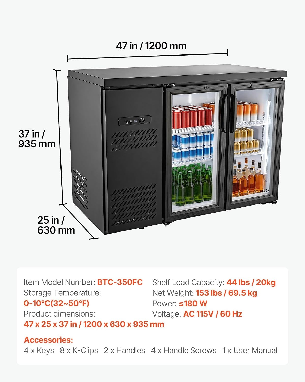 image:imageVEVOR Back Bar Cooler 74 Cu Ft Commercial Beverage Refrigerator Under Counter Bar Fridge with 2 Glass Doors LED Lighting Shelves LowE Glass Display Cooler for Beer Soda Wine Drinks47 x 25 x 37 in