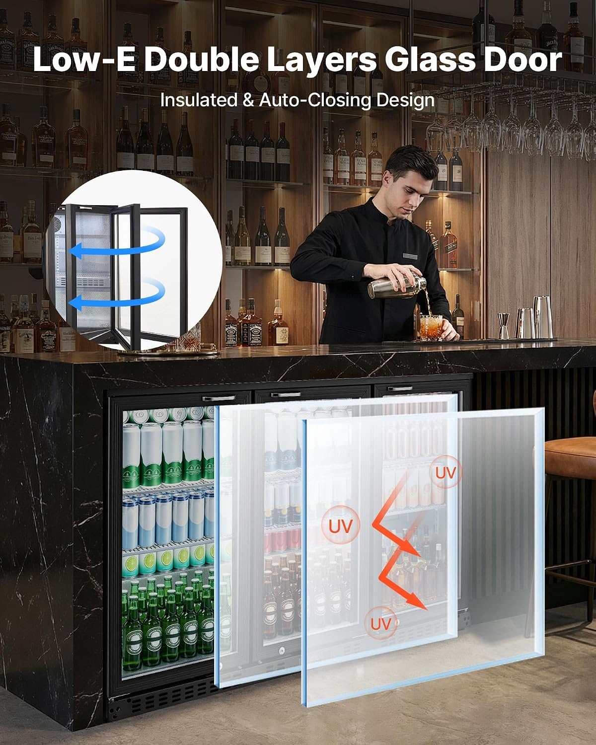 image:imageVEVOR Back Bar Cooler 74 Cu Ft Commercial Beverage Refrigerator Under Counter Bar Fridge with 2 Glass Doors LED Lighting Shelves LowE Glass Display Cooler for Beer Soda Wine Drinks53 x 20 x 33 in
