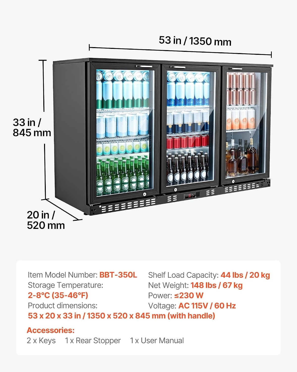 image:imageVEVOR Back Bar Cooler 74 Cu Ft Commercial Beverage Refrigerator Under Counter Bar Fridge with 2 Glass Doors LED Lighting Shelves LowE Glass Display Cooler for Beer Soda Wine Drinks53 x 20 x 33 in