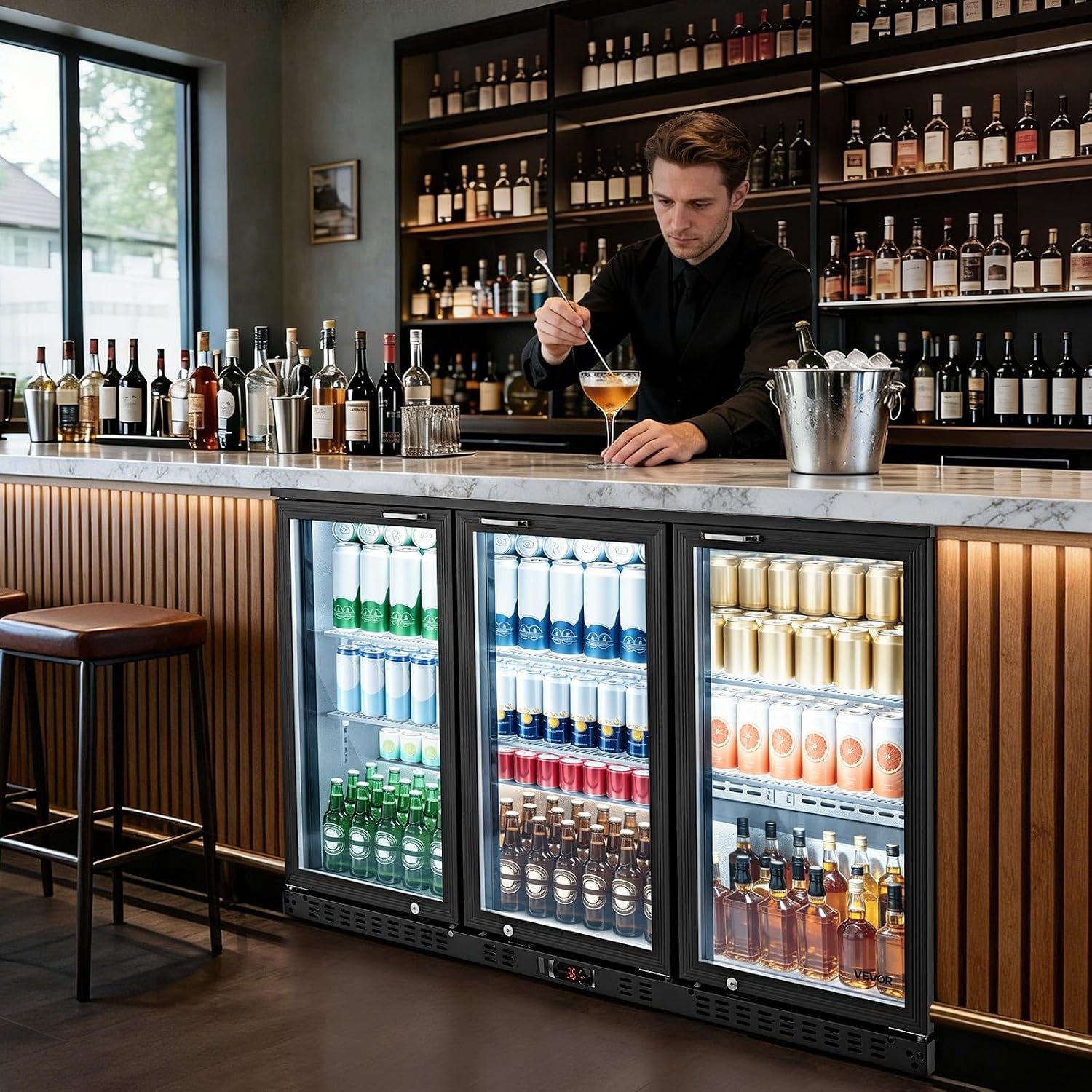 image:imageVEVOR Back Bar Cooler 74 Cu Ft Commercial Beverage Refrigerator Under Counter Bar Fridge with 2 Glass Doors LED Lighting Shelves LowE Glass Display Cooler for Beer Soda Wine Drinks53 x 20 x 33 in