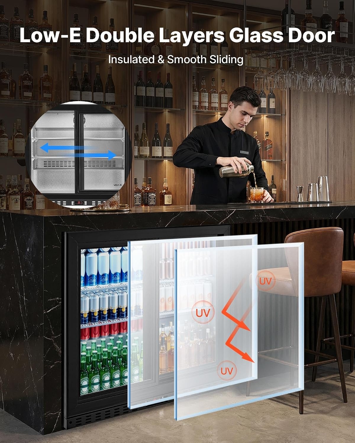 image:imageVEVOR Back Bar Cooler 74 Cu Ft Commercial Beverage Refrigerator Under Counter Bar Fridge with 2 Sliding Doors LED Lighting Adjustable Shelves LowE Glass Display Cooler for Beer Wine Drink