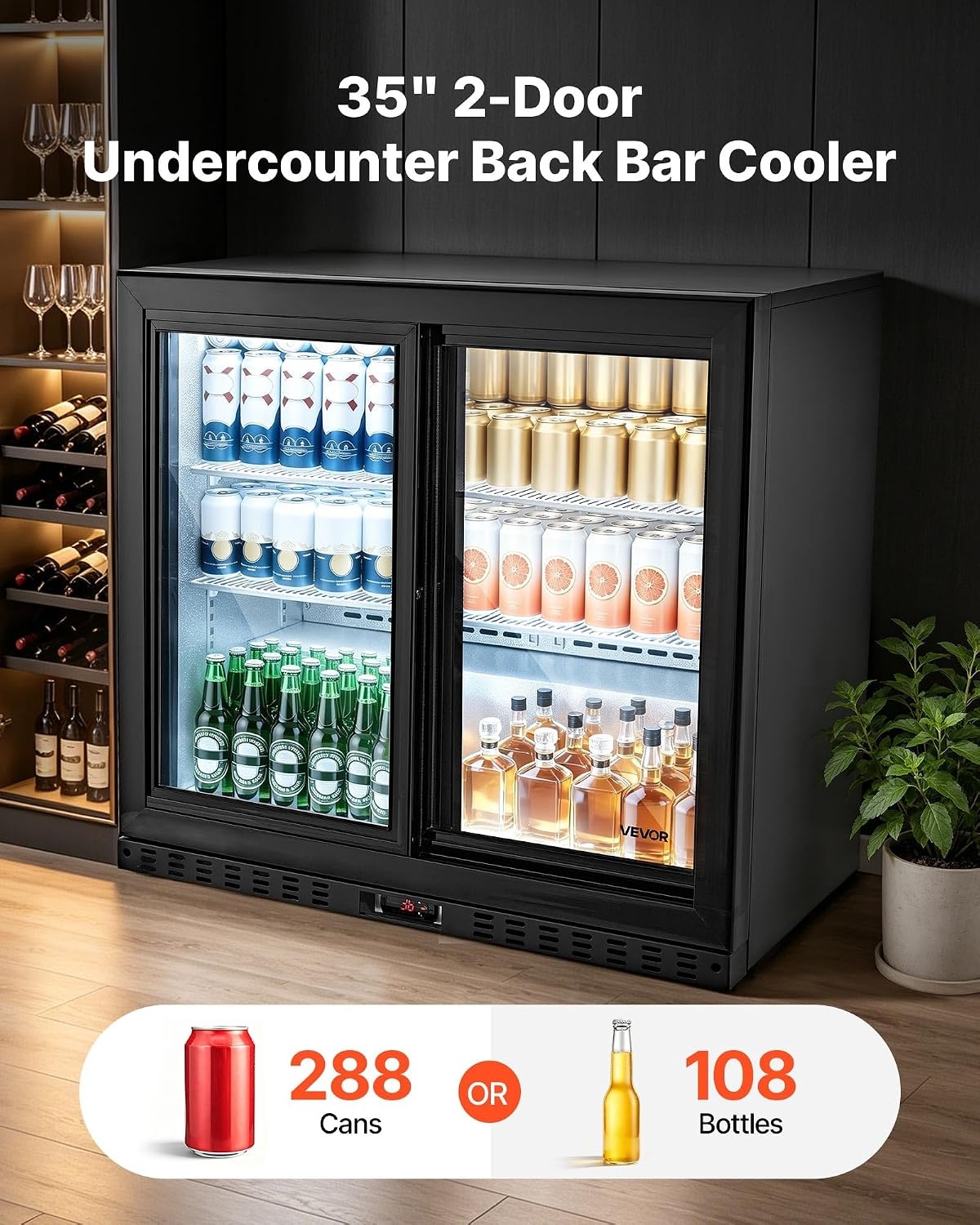 image:imageVEVOR Back Bar Cooler 74 Cu Ft Commercial Beverage Refrigerator Under Counter Bar Fridge with 2 Sliding Doors LED Lighting Adjustable Shelves LowE Glass Display Cooler for Beer Wine Drink