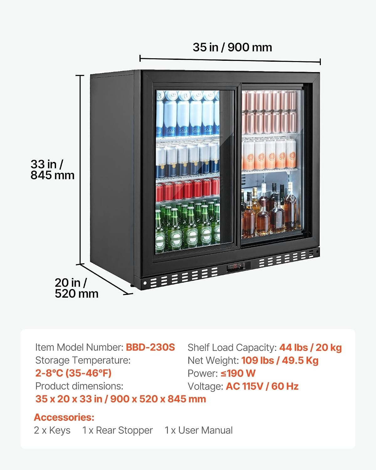 image:imageVEVOR Back Bar Cooler 74 Cu Ft Commercial Beverage Refrigerator Under Counter Bar Fridge with 2 Sliding Doors LED Lighting Adjustable Shelves LowE Glass Display Cooler for Beer Wine Drink