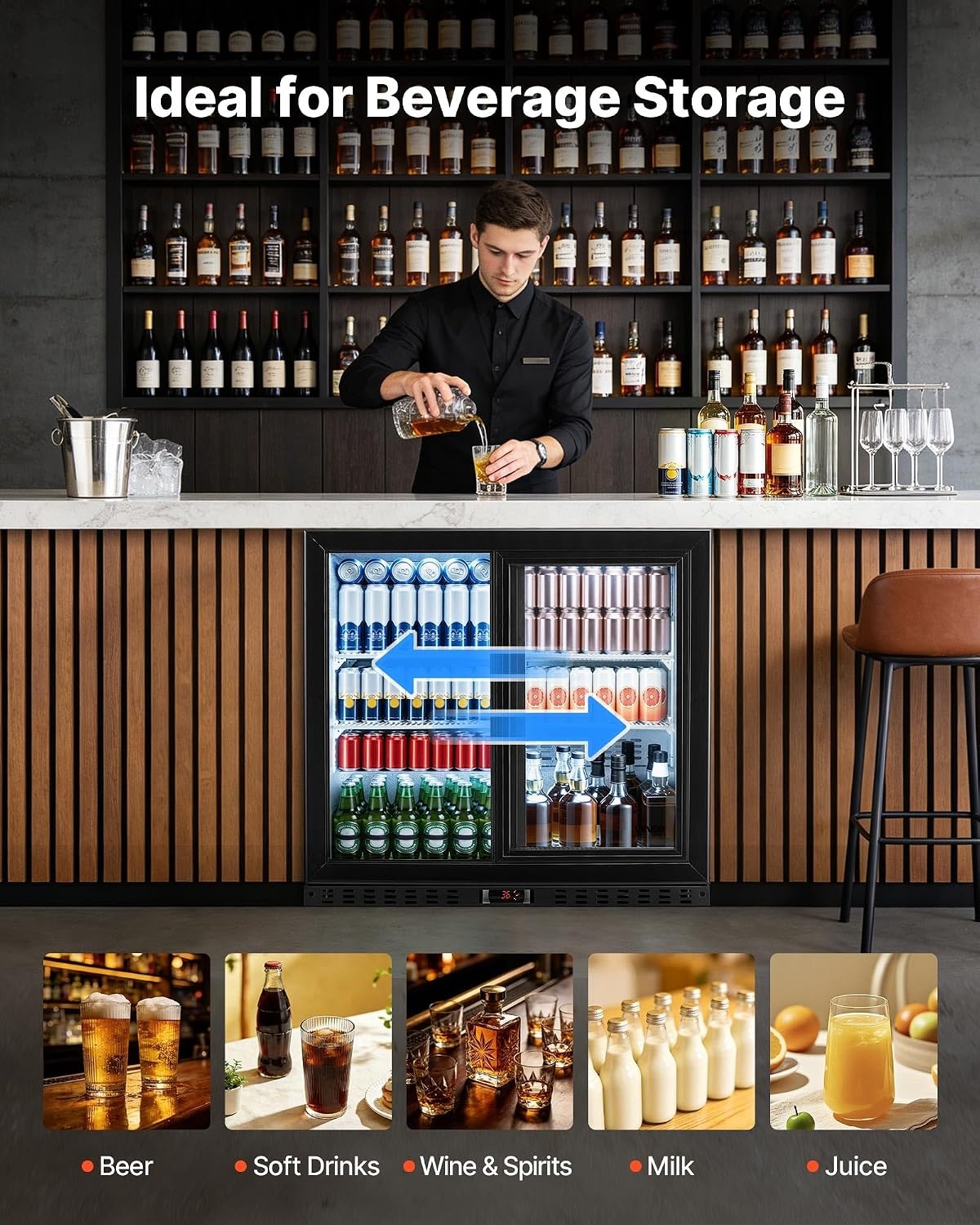 image:imageVEVOR Back Bar Cooler 74 Cu Ft Commercial Beverage Refrigerator Under Counter Bar Fridge with 2 Sliding Doors LED Lighting Adjustable Shelves LowE Glass Display Cooler for Beer Wine Drink