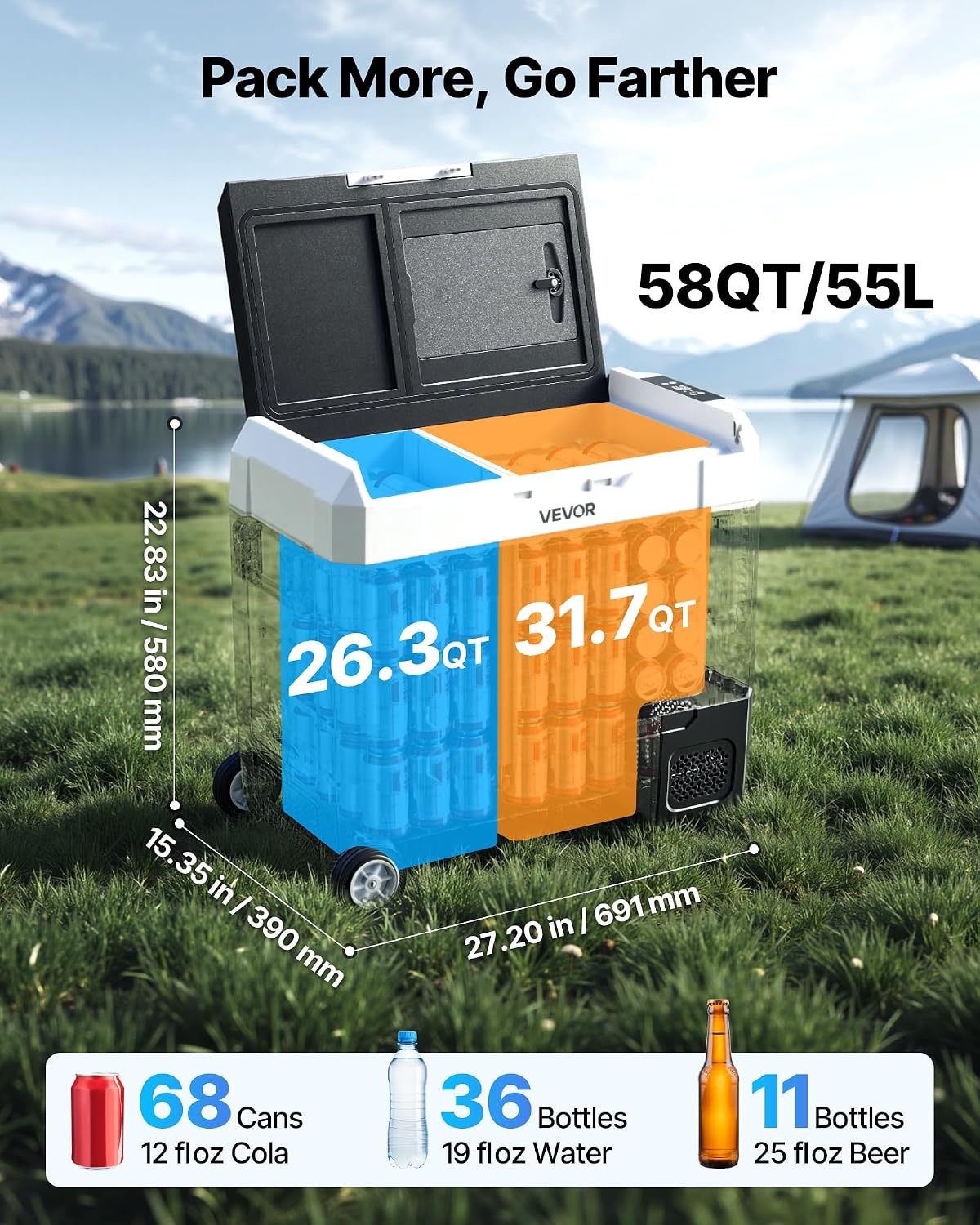 image:imageVEVOR Car Refrigerator DC 1224V AC100240V Compressor Electric Cooler 4F to 68F Truck Refrigerator with APP Control Wheels amp Dual Zone 58 QT Cars Cooler for RVs Boats Camping Fishing58QT