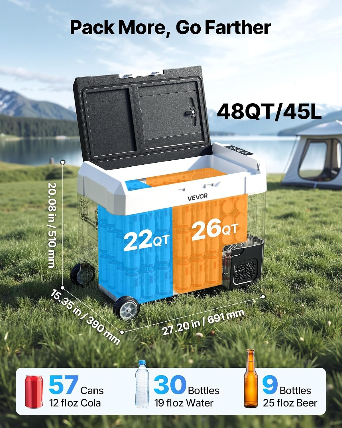 image:imageVEVOR Car Refrigerator DC 1224V AC100240V Compressor Electric Cooler 4F to 68F Truck Refrigerator with APP Control Wheels amp Dual Zone 58 QT Cars Cooler for RVs Boats Camping Fishing48QT