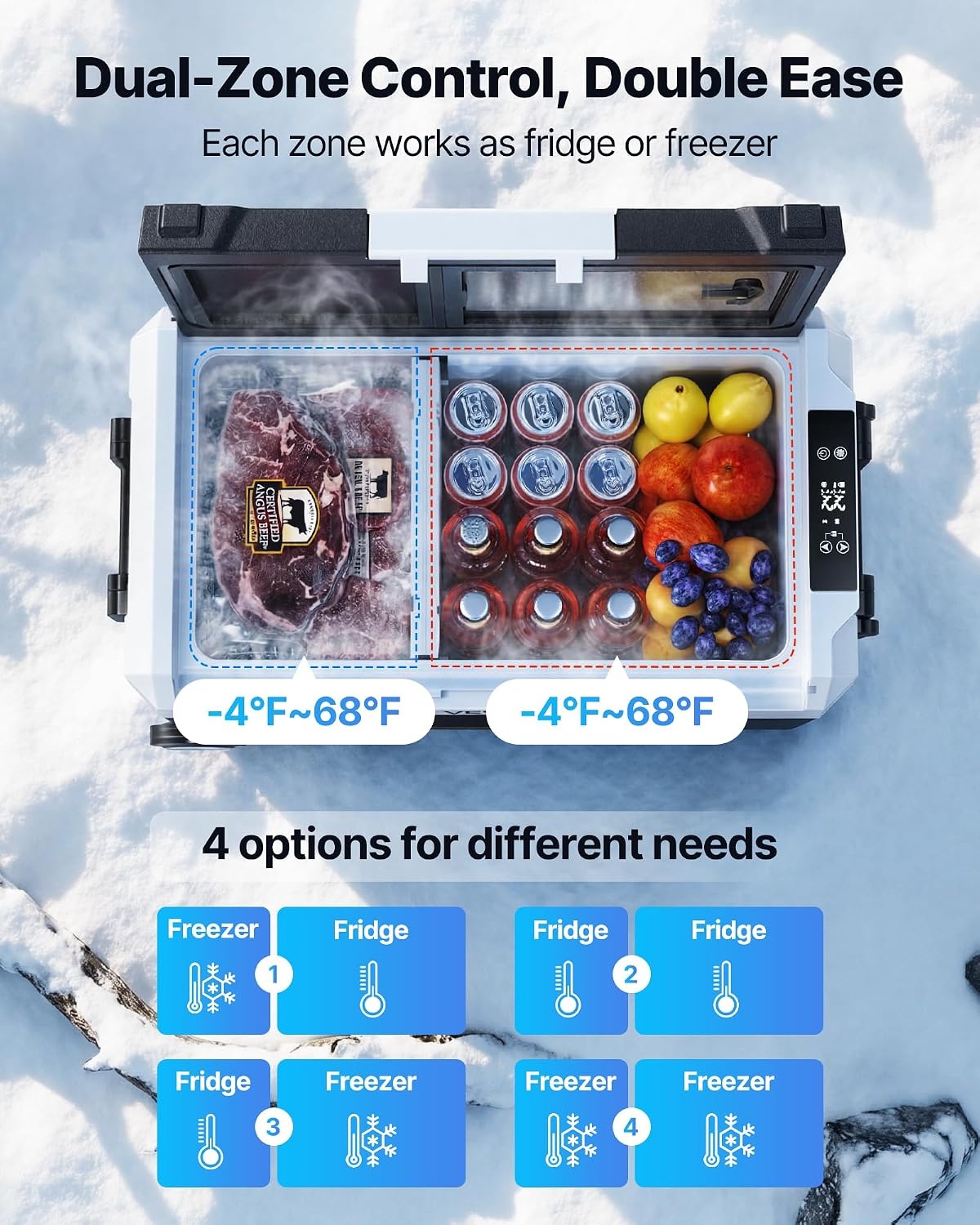 image:imageVEVOR Car Refrigerator DC 1224V AC100240V Compressor Electric Cooler 4F to 68F Truck Refrigerator with APP Control Wheels amp Dual Zone 58 QT Cars Cooler for RVs Boats Camping Fishing58QT