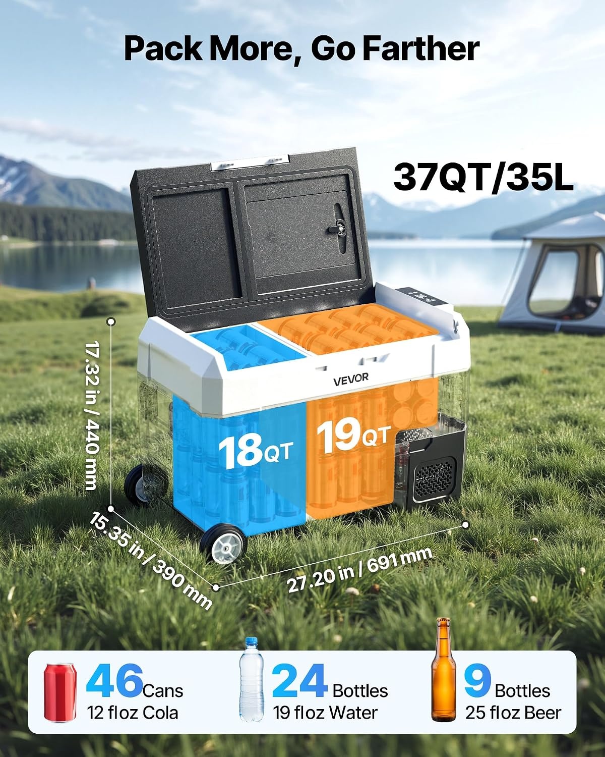 image:imageVEVOR Car Refrigerator DC 1224V AC100240V Compressor Electric Cooler 4F to 68F Truck Refrigerator with APP Control Wheels amp Dual Zone 58 QT Cars Cooler for RVs Boats Camping Fishing37QT