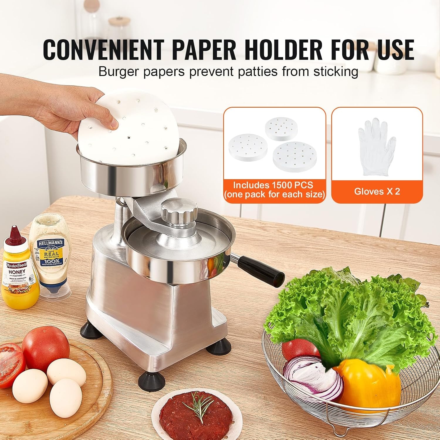 image:imageVEVOR Commercial Burger Patty Maker 150mm6inch Hamburger Beef Patty Maker Heavy Duty FoodGrade Stainless Steel Bowl Burger Press Machine Kitchen Meat Forming Processor with 1000 Pcs Patty Papers4inch5inch6inch