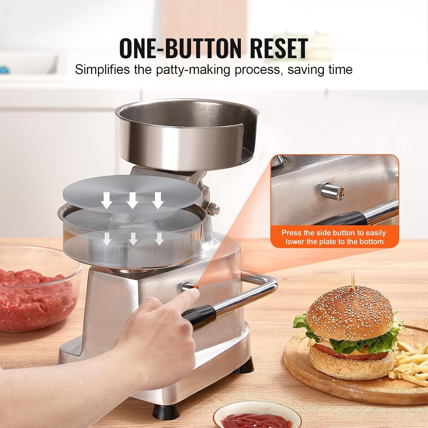 image:imageVEVOR Commercial Burger Patty Maker 150mm6inch Hamburger Beef Patty Maker Heavy Duty FoodGrade Stainless Steel Bowl Burger Press Machine Kitchen Meat Forming Processor with 1000 Pcs Patty Papers6 inch