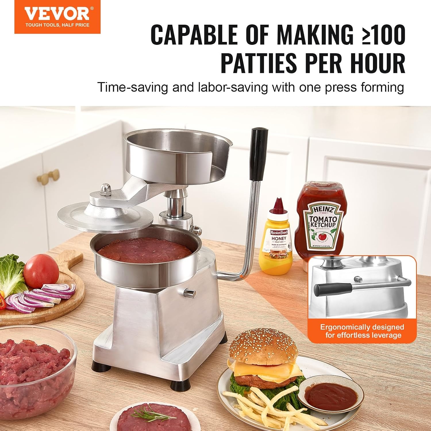 image:imageVEVOR Commercial Burger Patty Maker 150mm6inch Hamburger Beef Patty Maker Heavy Duty FoodGrade Stainless Steel Bowl Burger Press Machine Kitchen Meat Forming Processor with 1000 Pcs Patty Papers6 inch