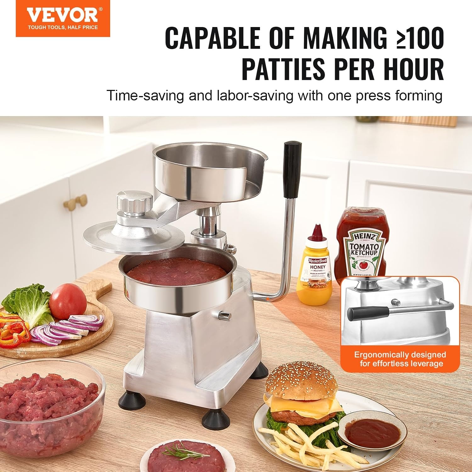 image:imageVEVOR Commercial Burger Patty Maker 150mm6inch Hamburger Beef Patty Maker Heavy Duty FoodGrade Stainless Steel Bowl Burger Press Machine Kitchen Meat Forming Processor with 1000 Pcs Patty Papers4inch5inch6inch