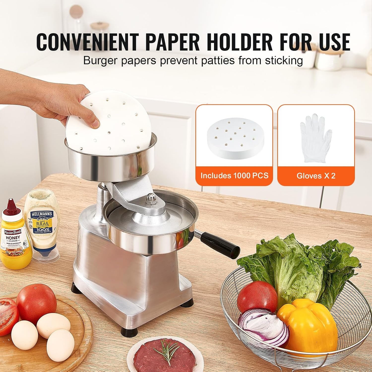 image:imageVEVOR Commercial Burger Patty Maker 150mm6inch Hamburger Beef Patty Maker Heavy Duty FoodGrade Stainless Steel Bowl Burger Press Machine Kitchen Meat Forming Processor with 1000 Pcs Patty Papers6 inch