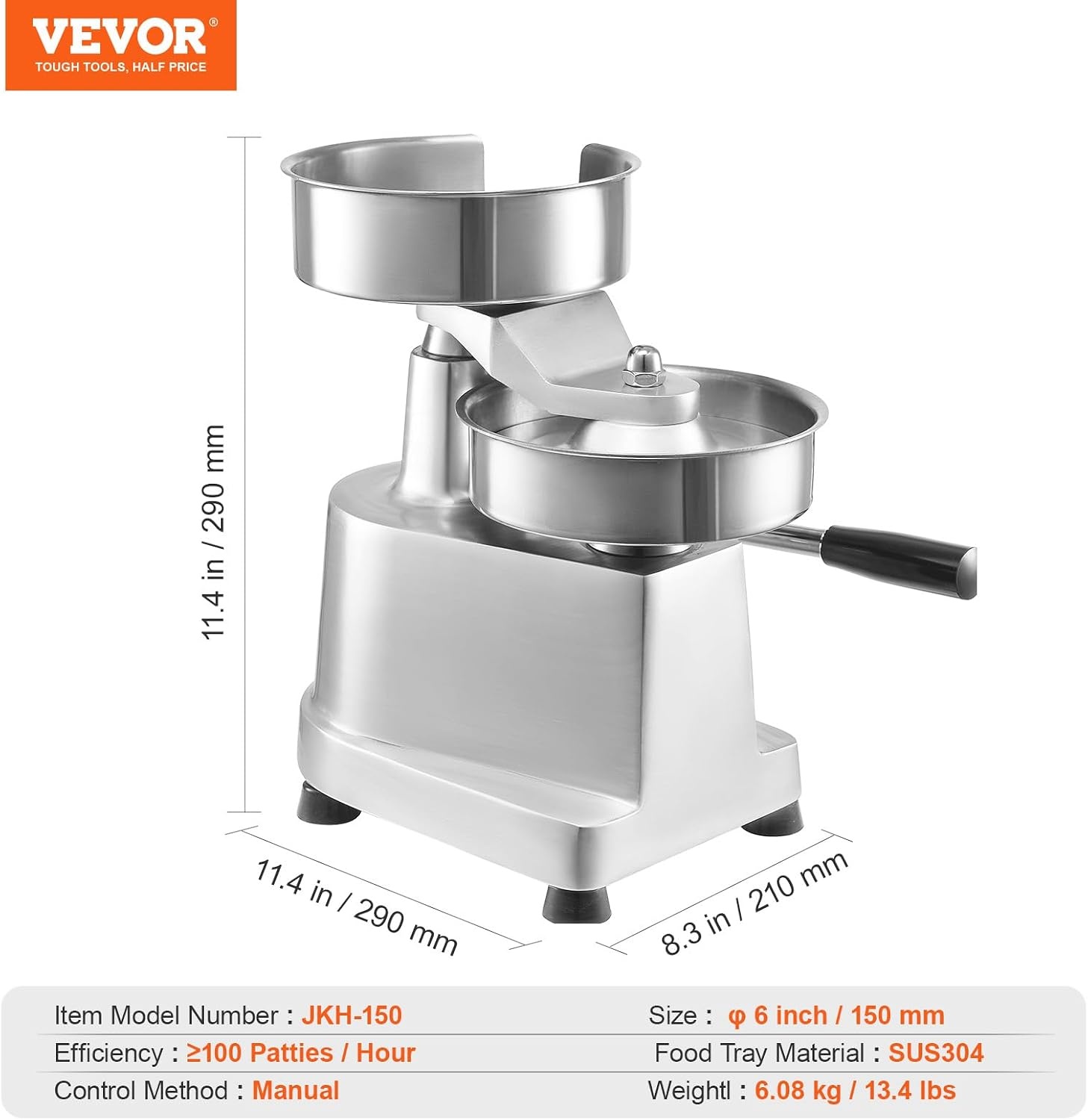 image:imageVEVOR Commercial Burger Patty Maker 150mm6inch Hamburger Beef Patty Maker Heavy Duty FoodGrade Stainless Steel Bowl Burger Press Machine Kitchen Meat Forming Processor with 1000 Pcs Patty Papers6 inch