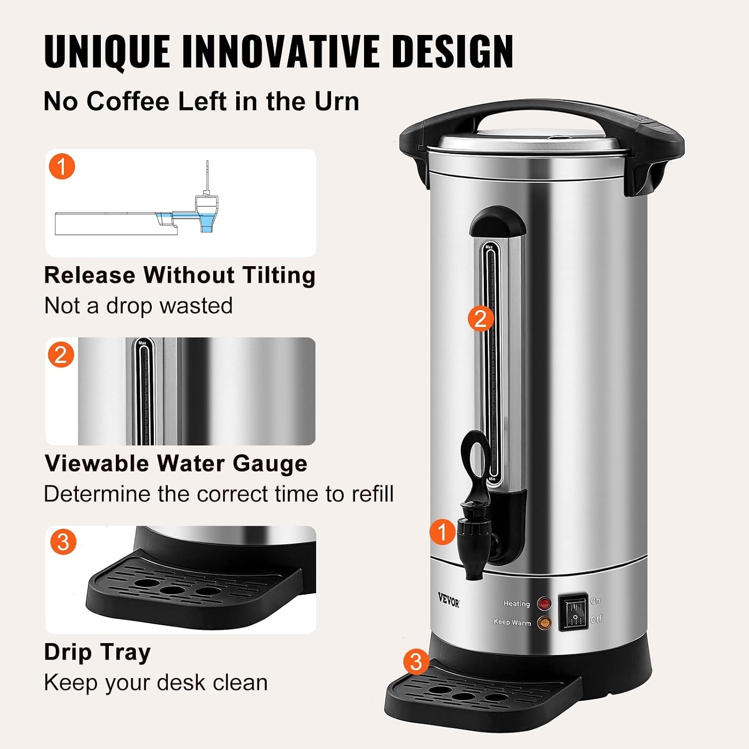 image:imageVEVOR Commercial Coffee Urn 50 Cups75L Stainless Steel Large Coffee Dispenser 1000W 110V Electric Coffee Maker Urn For Quick Brewing Hot Water Urn with Detachable Power Cord for Easy Cleaning110 Cups