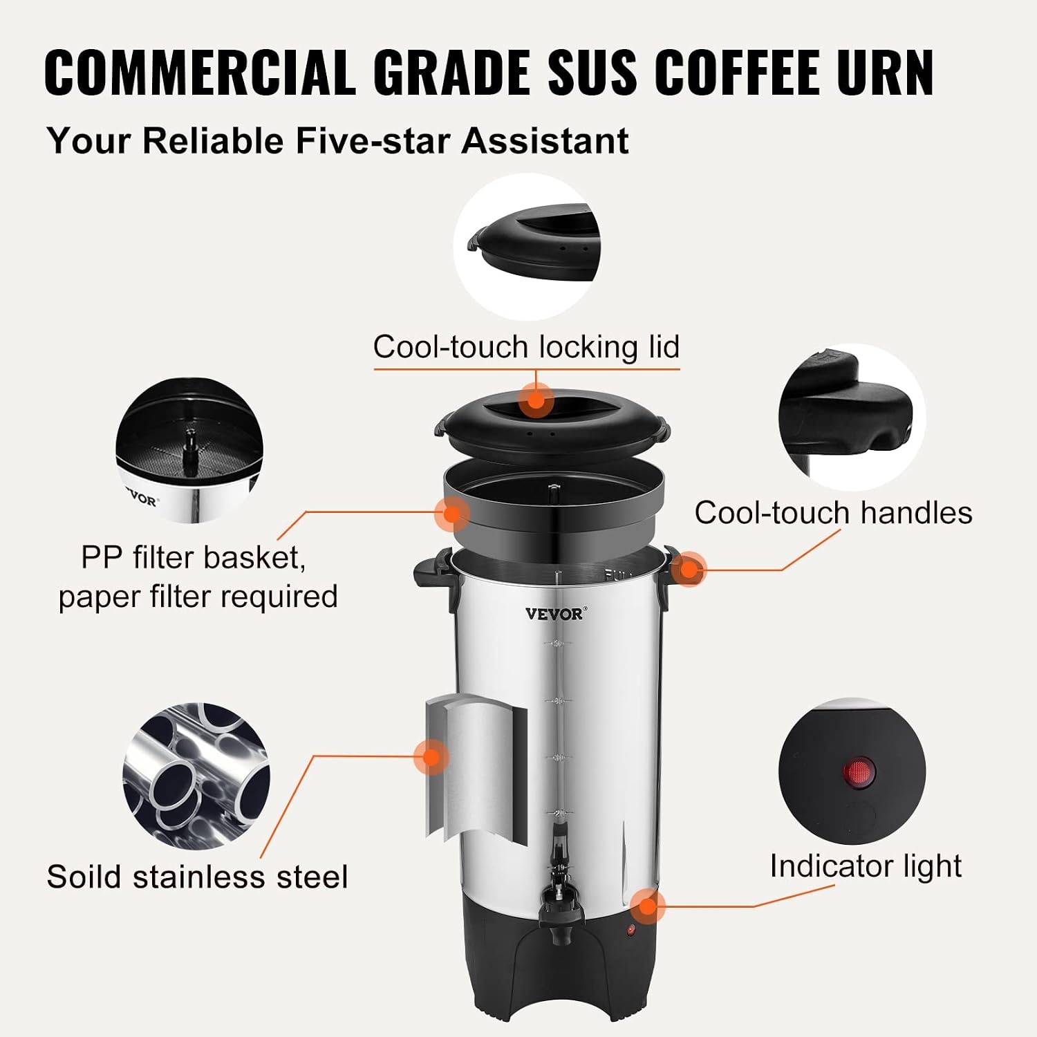 image:imageVEVOR Commercial Coffee Urn 50 Cups75L Stainless Steel Large Coffee Dispenser 1000W 110V Electric Coffee Maker Urn For Quick Brewing Hot Water Urn with Detachable Power Cord for Easy Cleaning50 Cups