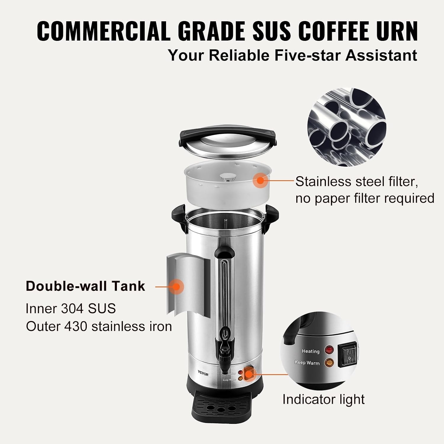 image:imageVEVOR Commercial Coffee Urn 50 Cups75L Stainless Steel Large Coffee Dispenser 1000W 110V Electric Coffee Maker Urn For Quick Brewing Hot Water Urn with Detachable Power Cord for Easy Cleaning110 Cups