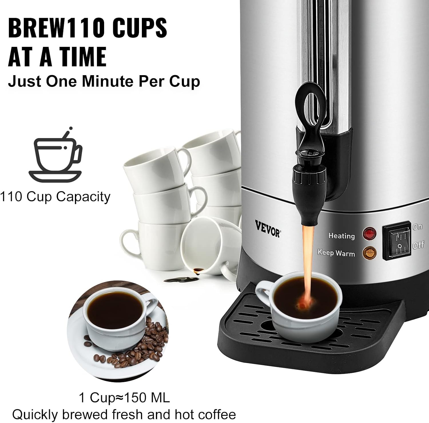 image:imageVEVOR Commercial Coffee Urn 50 Cups75L Stainless Steel Large Coffee Dispenser 1000W 110V Electric Coffee Maker Urn For Quick Brewing Hot Water Urn with Detachable Power Cord for Easy Cleaning110 Cups
