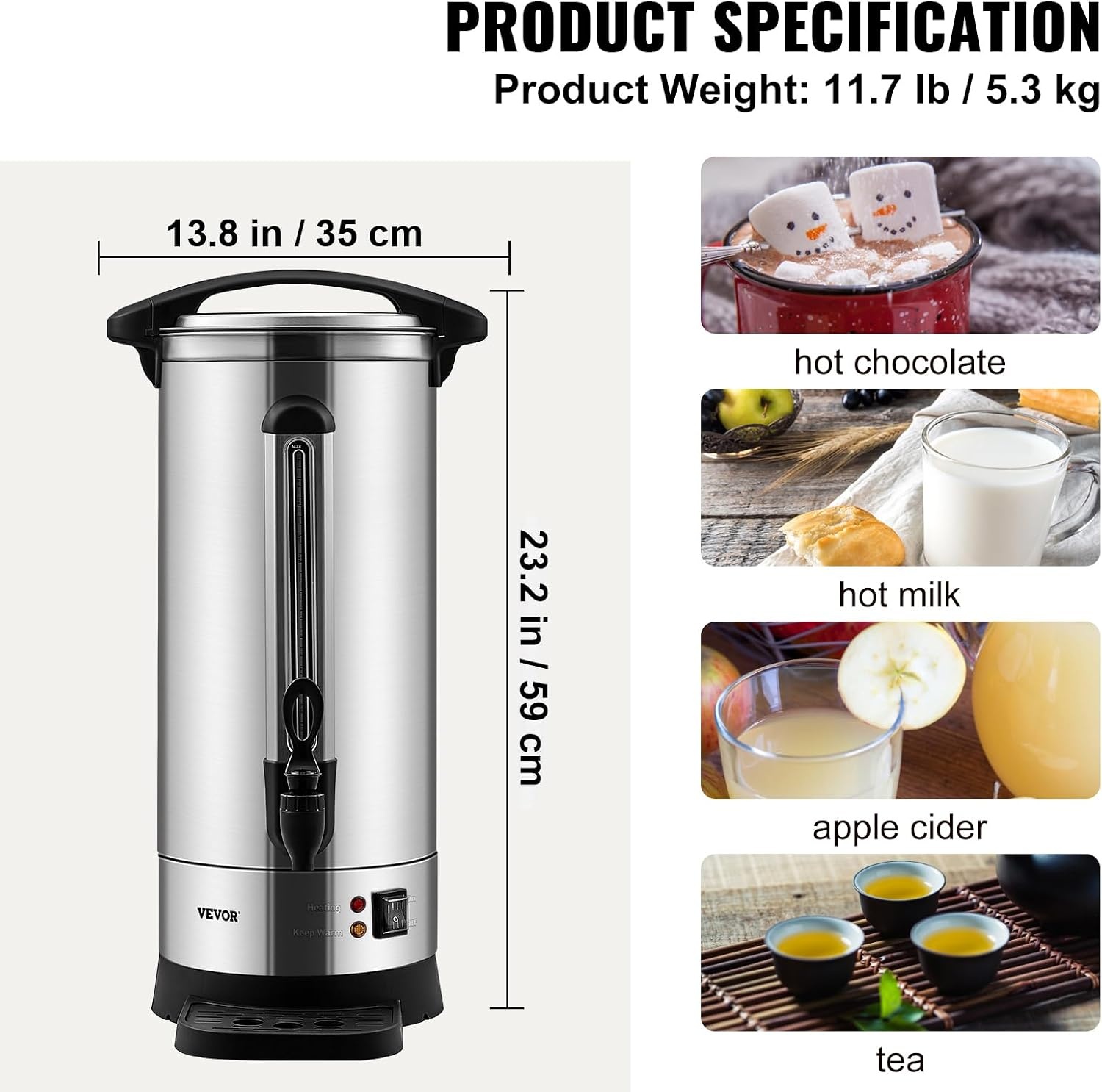 image:imageVEVOR Commercial Coffee Urn 50 Cups75L Stainless Steel Large Coffee Dispenser 1000W 110V Electric Coffee Maker Urn For Quick Brewing Hot Water Urn with Detachable Power Cord for Easy Cleaning110 Cups