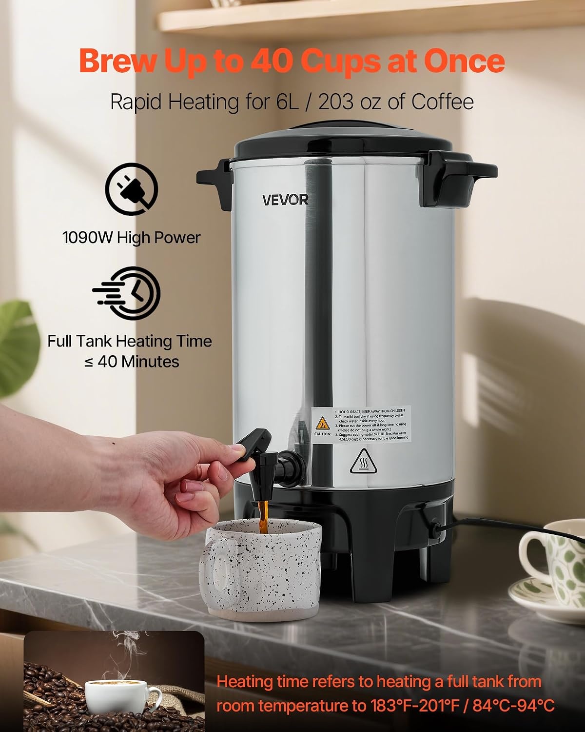 image:imageVEVOR Commercial Coffee Urn 60 Cup 9 L Hot Beverage Dispenser with Dripless Faucet QuickBrewing Stainless Steel Large Commercial Coffee Maker for Catering Business Party Church amp Restaurant40Cups