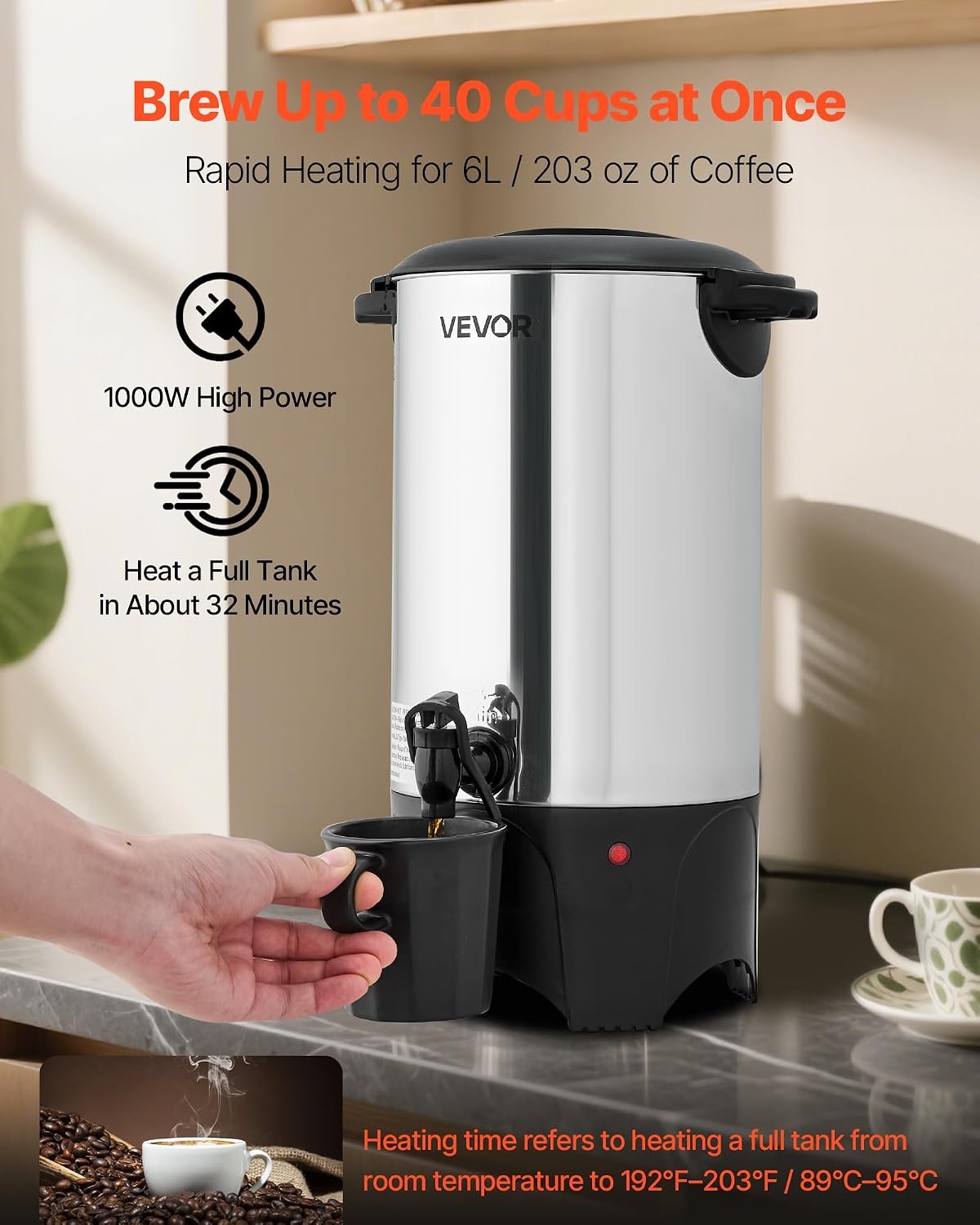 image:imageVEVOR Commercial Coffee Urn 60 Cup 9 L Hot Beverage Dispenser with Dripless Faucet QuickBrewing Stainless Steel Large Commercial Coffee Maker for Catering Business Party Church amp Restaurant40Cup