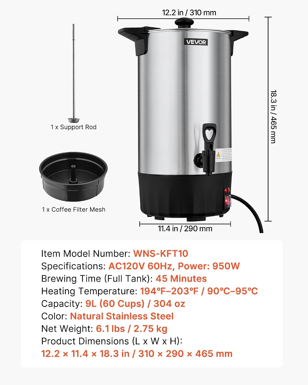 image:imageVEVOR Commercial Coffee Urn 60 Cup 9 L Hot Beverage Dispenser with Dripless Faucet QuickBrewing Stainless Steel Large Commercial Coffee Maker for Catering Business Party Church amp Restaurant60Cups