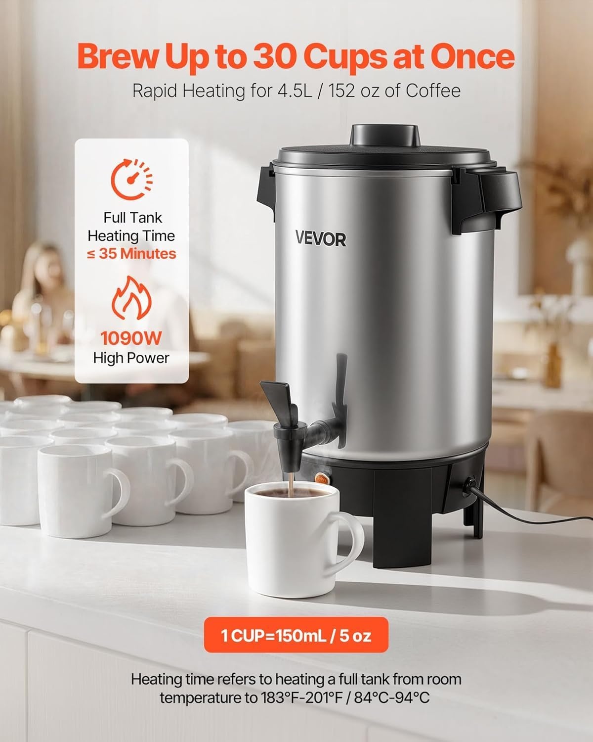 image:imageVEVOR Commercial Coffee Urn 60 Cup 9 L Hot Beverage Dispenser with Dripless Faucet QuickBrewing Stainless Steel Large Commercial Coffee Maker for Catering Business Party Church amp Restaurant30Cups