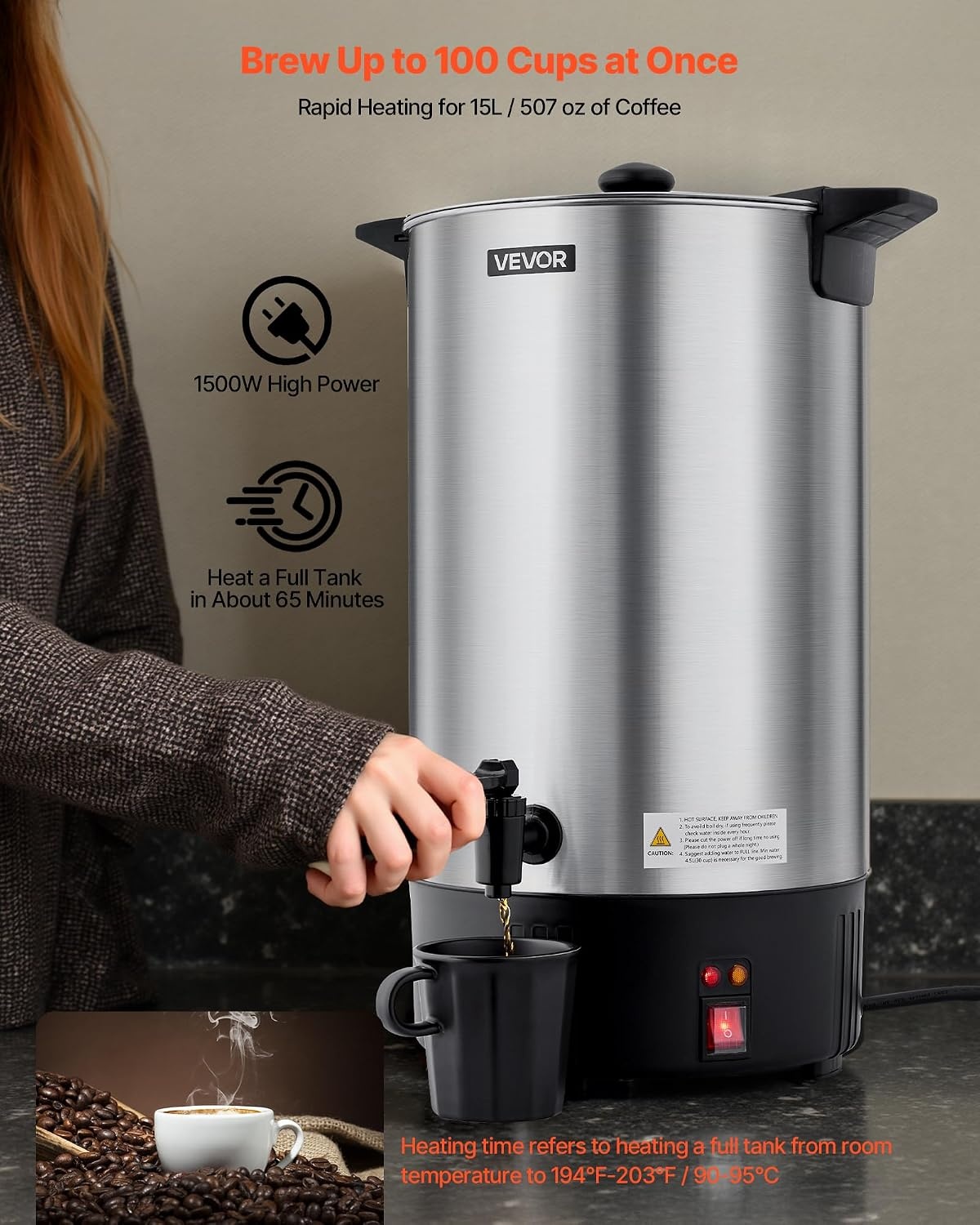 image:imageVEVOR Commercial Coffee Urn 60 Cup 9 L Hot Beverage Dispenser with Dripless Faucet QuickBrewing Stainless Steel Large Commercial Coffee Maker for Catering Business Party Church amp Restaurant100Cups
