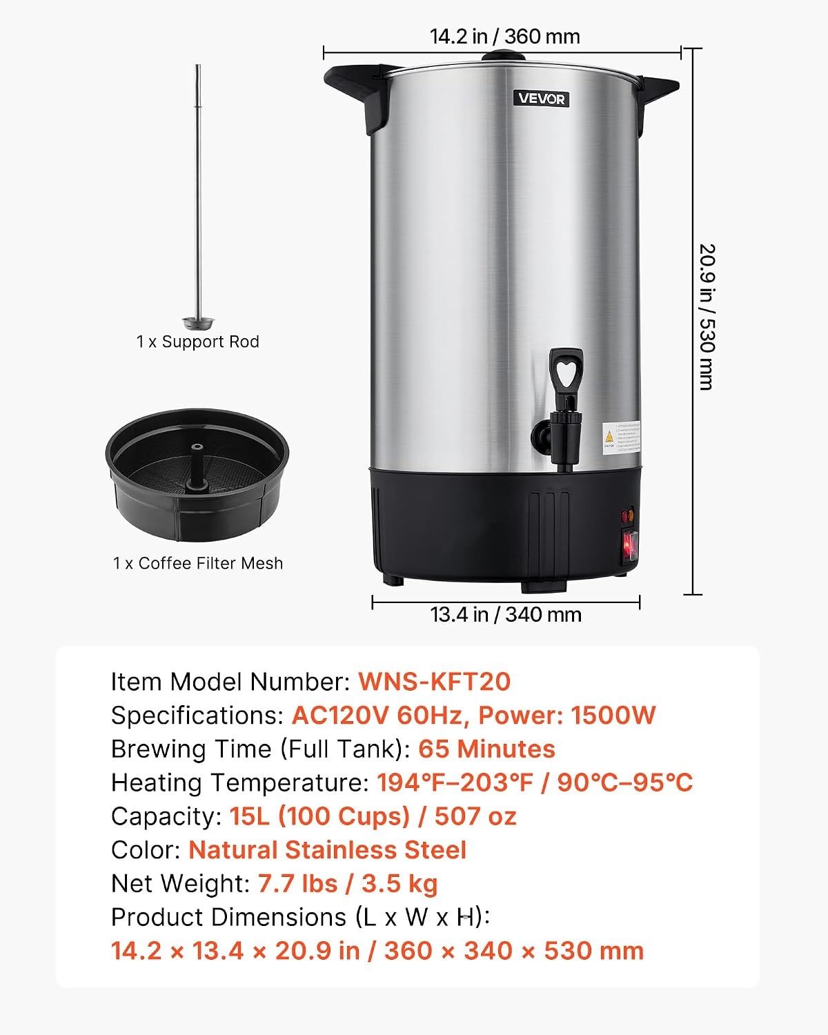 image:imageVEVOR Commercial Coffee Urn 60 Cup 9 L Hot Beverage Dispenser with Dripless Faucet QuickBrewing Stainless Steel Large Commercial Coffee Maker for Catering Business Party Church amp Restaurant100Cups
