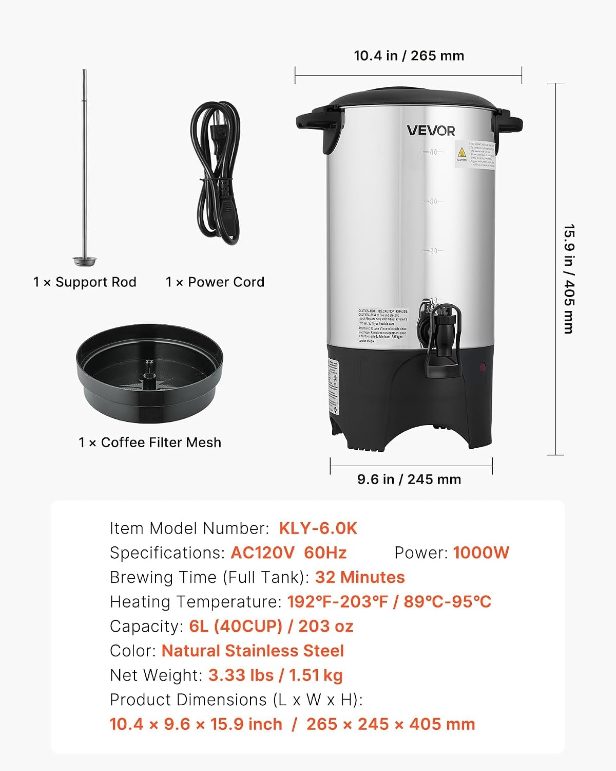 image:imageVEVOR Commercial Coffee Urn 60 Cup 9 L Hot Beverage Dispenser with Dripless Faucet QuickBrewing Stainless Steel Large Commercial Coffee Maker for Catering Business Party Church amp Restaurant40Cup