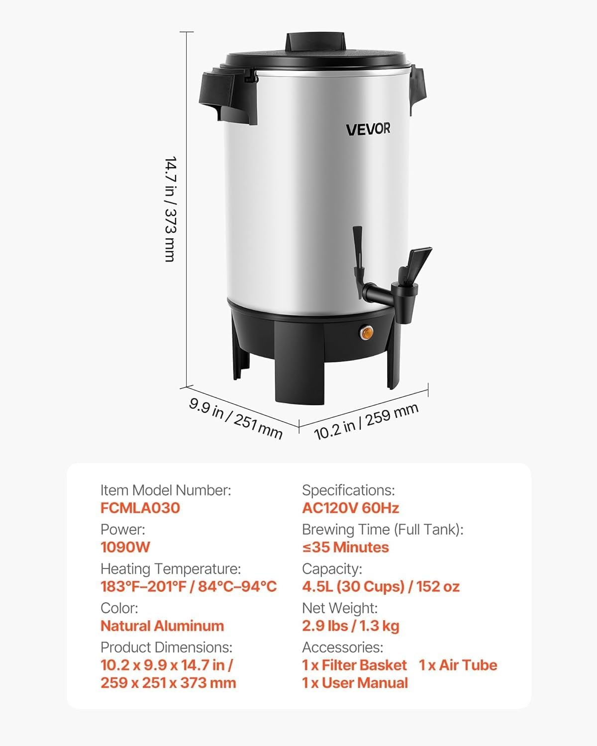 image:imageVEVOR Commercial Coffee Urn 60 Cup 9 L Hot Beverage Dispenser with Dripless Faucet QuickBrewing Stainless Steel Large Commercial Coffee Maker for Catering Business Party Church amp Restaurant30Cups