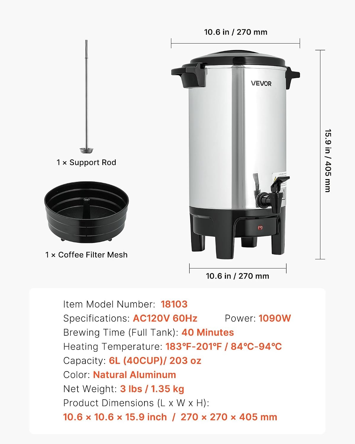 image:imageVEVOR Commercial Coffee Urn 60 Cup 9 L Hot Beverage Dispenser with Dripless Faucet QuickBrewing Stainless Steel Large Commercial Coffee Maker for Catering Business Party Church amp Restaurant40Cups