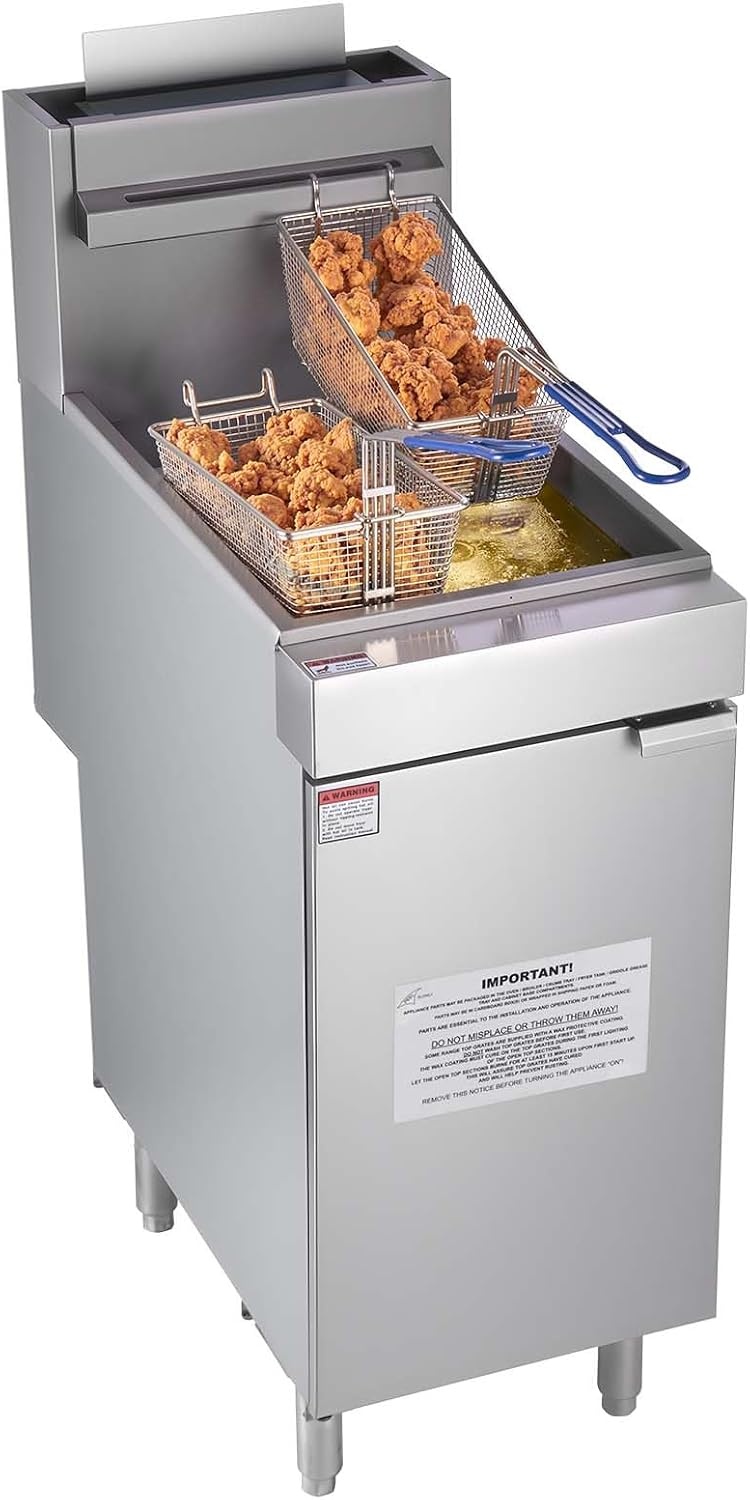 image:imageVEVOR Commercial Deep Fryer 3Burner Fryer for Restaurants Stainless Steel Floor Standing Deep Fryers with Dual Baskets and Adjustable Temperature Natural Gas Powered 40 lbs Capacity 90000 BTUNatural Gas Powered