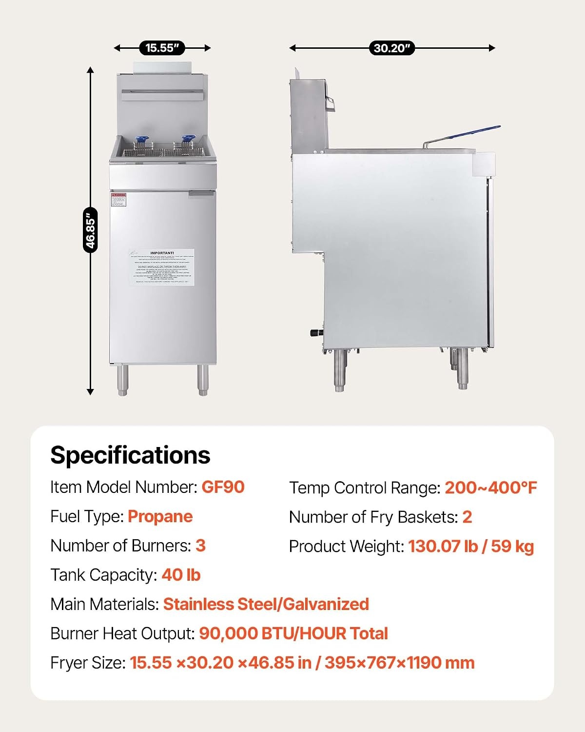 image:imageVEVOR Commercial Deep Fryer 3Burner Fryer for Restaurants Stainless Steel Floor Standing Deep Fryers with Dual Baskets and Adjustable Temperature Natural Gas Powered 40 lbs Capacity 90000 BTUPropane Powered