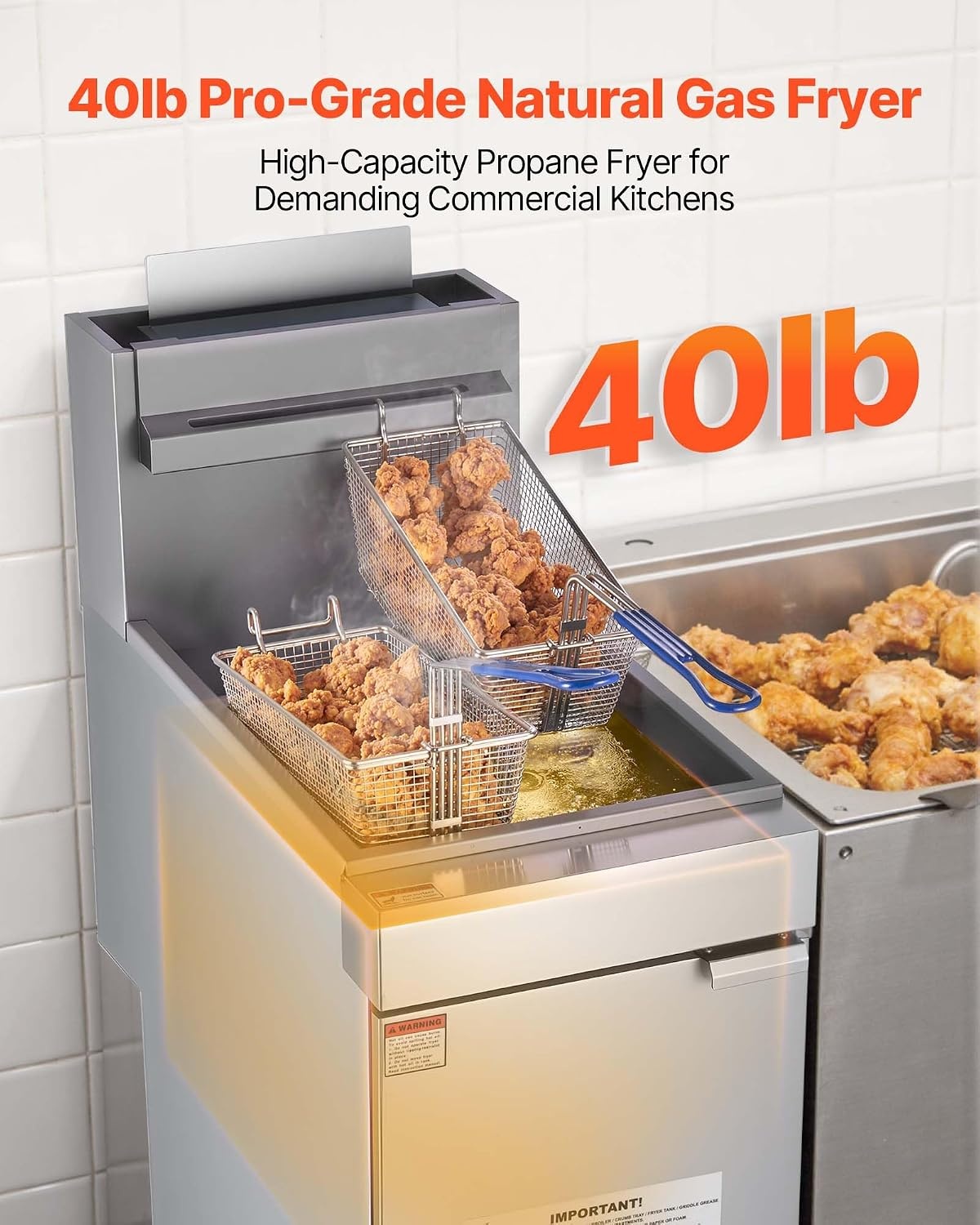 image:imageVEVOR Commercial Deep Fryer 3Burner Fryer for Restaurants Stainless Steel Floor Standing Deep Fryers with Dual Baskets and Adjustable Temperature Natural Gas Powered 40 lbs Capacity 90000 BTUNatural Gas Powered
