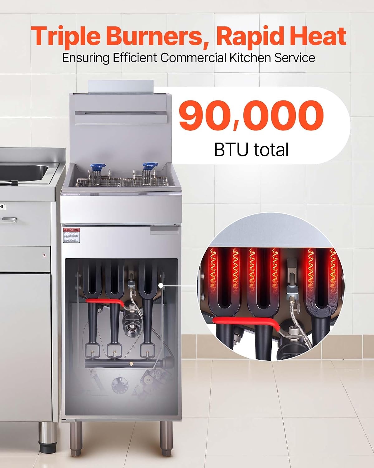 image:imageVEVOR Commercial Deep Fryer 3Burner Fryer for Restaurants Stainless Steel Floor Standing Deep Fryers with Dual Baskets and Adjustable Temperature Natural Gas Powered 40 lbs Capacity 90000 BTUNatural Gas Powered