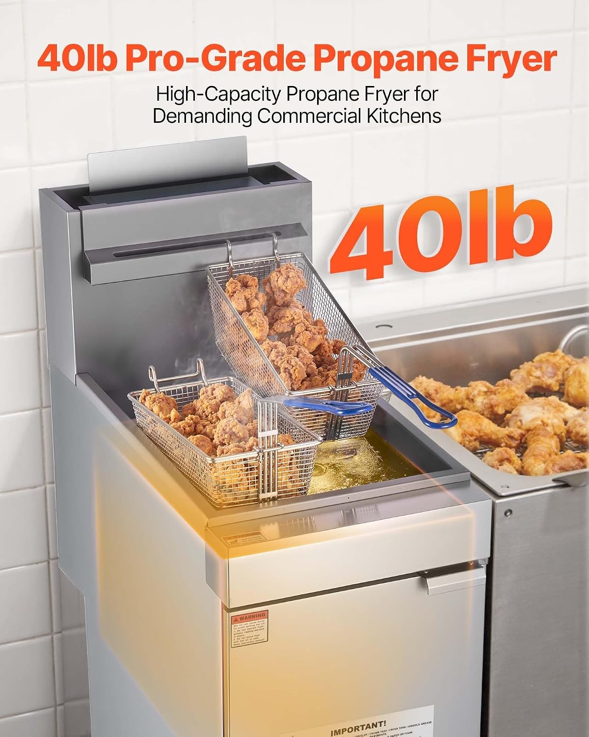 image:imageVEVOR Commercial Deep Fryer 3Burner Fryer for Restaurants Stainless Steel Floor Standing Deep Fryers with Dual Baskets and Adjustable Temperature Natural Gas Powered 40 lbs Capacity 90000 BTUPropane Powered