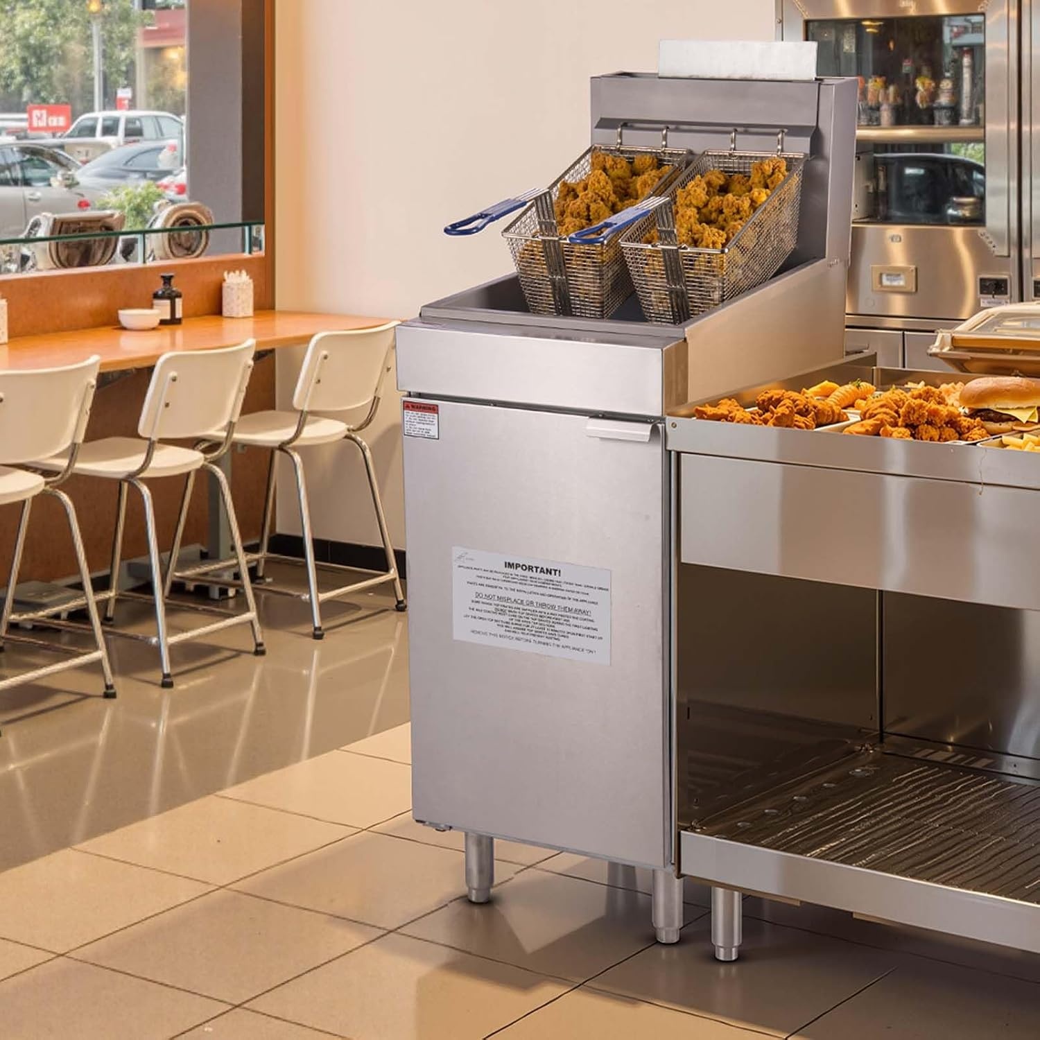 image:imageVEVOR Commercial Deep Fryer 3Burner Fryer for Restaurants Stainless Steel Floor Standing Deep Fryers with Dual Baskets and Adjustable Temperature Natural Gas Powered 40 lbs Capacity 90000 BTUNatural Gas Powered