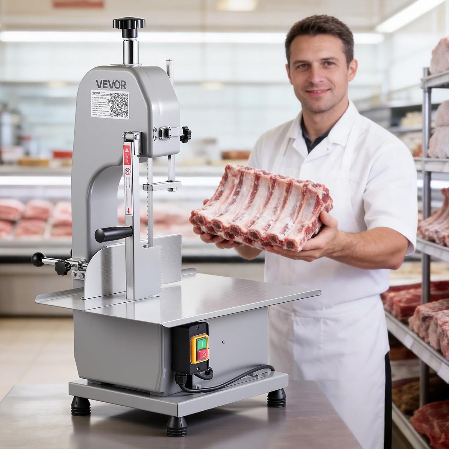 image:imageVEVOR Commercial Electric Meat Bandsaw 1100W Bone Sawing Machine with 124 x 181 Workbench 043 Cutting Thickness 7 Extra Replacement Blades for Cutting Bone Frozen Meat Pork Beef amp Ribs1100W 130