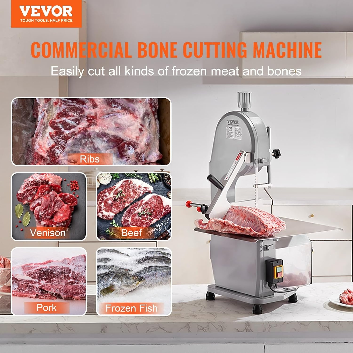 image:imageVEVOR Commercial Electric Meat Bandsaw 1100W Bone Sawing Machine with 124 x 181 Workbench 043 Cutting Thickness 7 Extra Replacement Blades for Cutting Bone Frozen Meat Pork Beef amp RibsCountertop 1100W