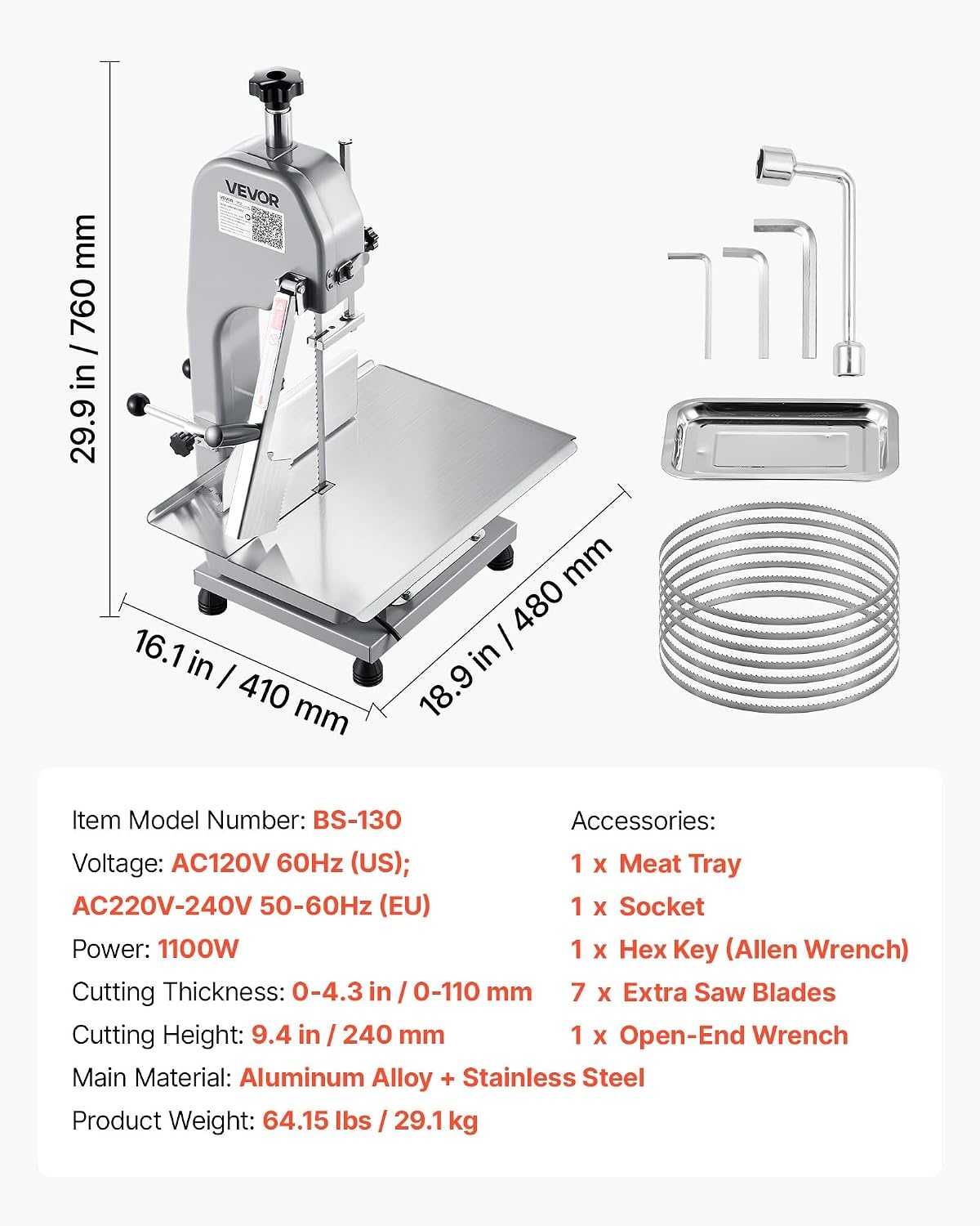image:imageVEVOR Commercial Electric Meat Bandsaw 1100W Bone Sawing Machine with 124 x 181 Workbench 043 Cutting Thickness 7 Extra Replacement Blades for Cutting Bone Frozen Meat Pork Beef amp Ribs1100W 130