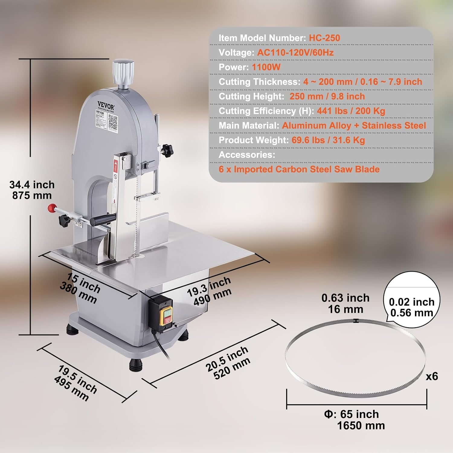 image:imageVEVOR Commercial Electric Meat Bandsaw 1100W Bone Sawing Machine with 124 x 181 Workbench 043 Cutting Thickness 7 Extra Replacement Blades for Cutting Bone Frozen Meat Pork Beef amp RibsCountertop 1100W