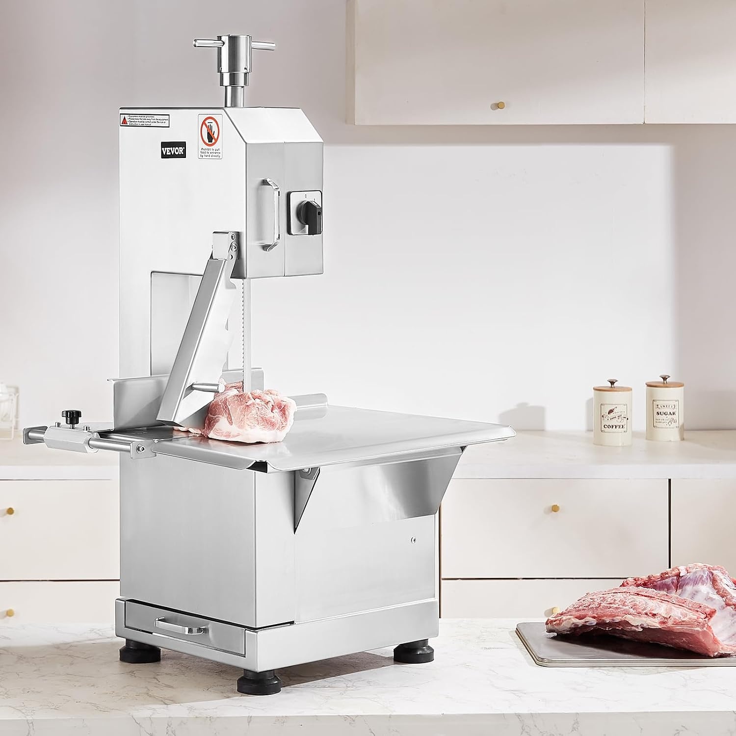 image:imageVEVOR Commercial Electric Meat Bandsaw 1100W Bone Sawing Machine with 124 x 181 Workbench 043 Cutting Thickness 7 Extra Replacement Blades for Cutting Bone Frozen Meat Pork Beef amp RibsCountertop 2200W
