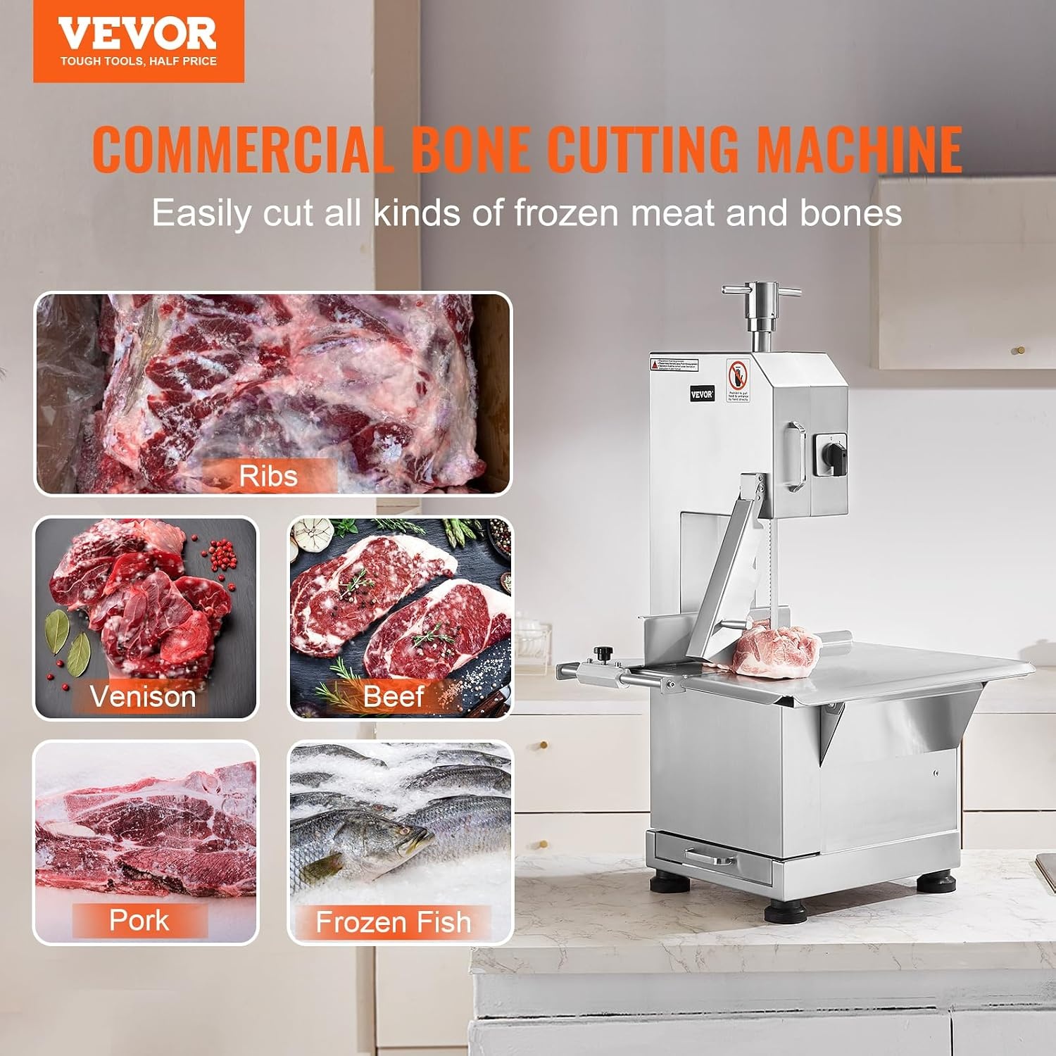 image:imageVEVOR Commercial Electric Meat Bandsaw 1100W Bone Sawing Machine with 124 x 181 Workbench 043 Cutting Thickness 7 Extra Replacement Blades for Cutting Bone Frozen Meat Pork Beef amp RibsCountertop 2200W