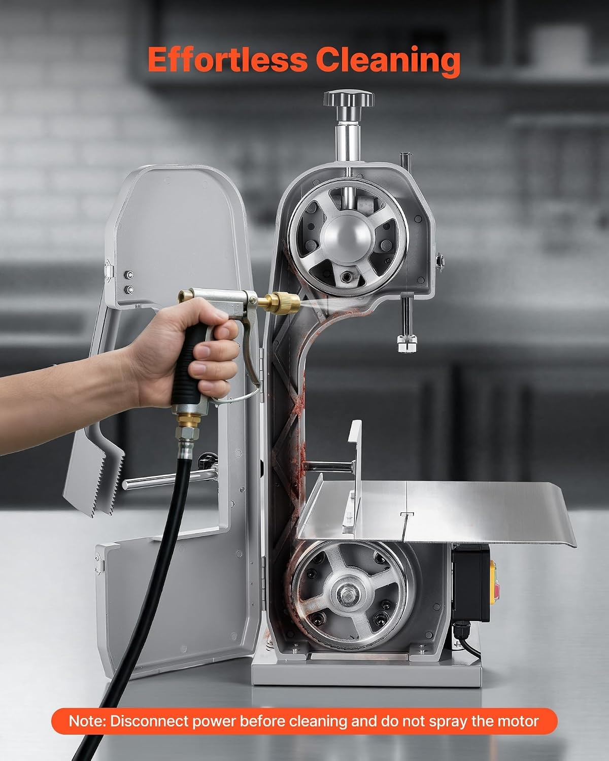 image:imageVEVOR Commercial Electric Meat Bandsaw 1100W Bone Sawing Machine with 124 x 181 Workbench 043 Cutting Thickness 7 Extra Replacement Blades for Cutting Bone Frozen Meat Pork Beef amp Ribs1100W 130