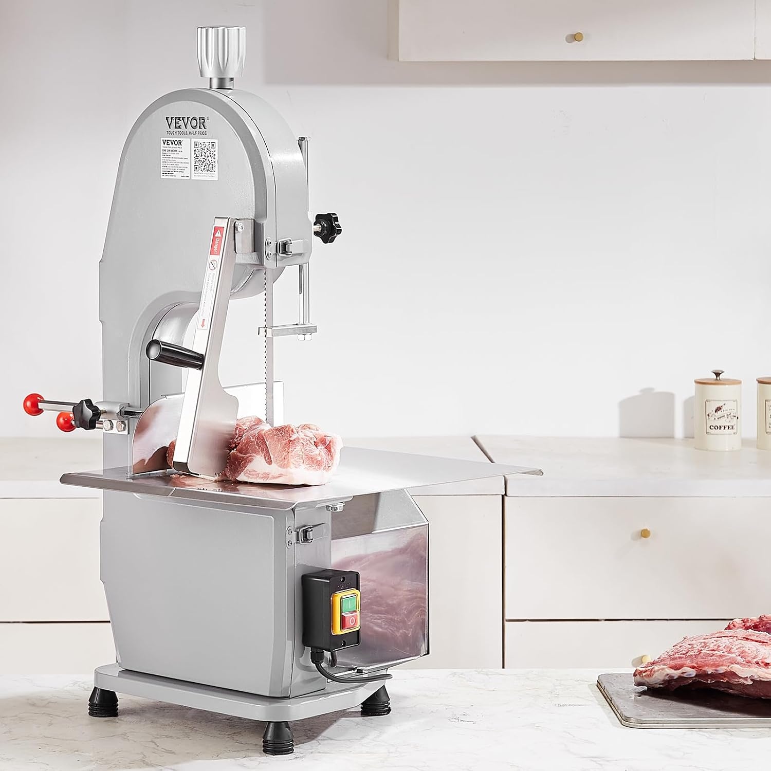 image:imageVEVOR Commercial Electric Meat Bandsaw 1100W Bone Sawing Machine with 124 x 181 Workbench 043 Cutting Thickness 7 Extra Replacement Blades for Cutting Bone Frozen Meat Pork Beef amp RibsCountertop 1100W